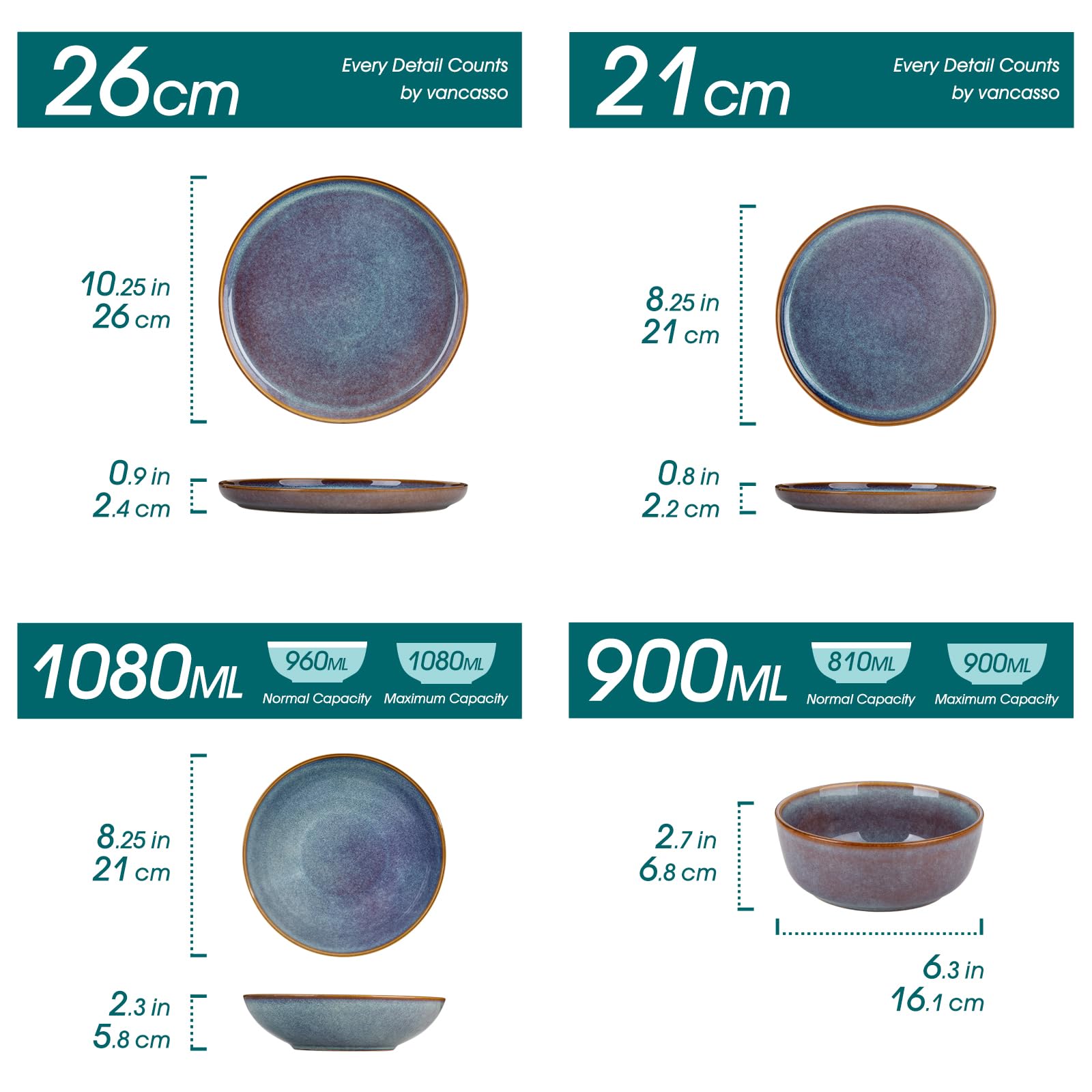 vancasso PLAYA – 24-tlg. Steingut Geschirrset für 6 Personen, Reaktive Glasur, Schalen, Suppen- Dessert- & Speiseteller, Lavendelblau, Spülmaschinenfest