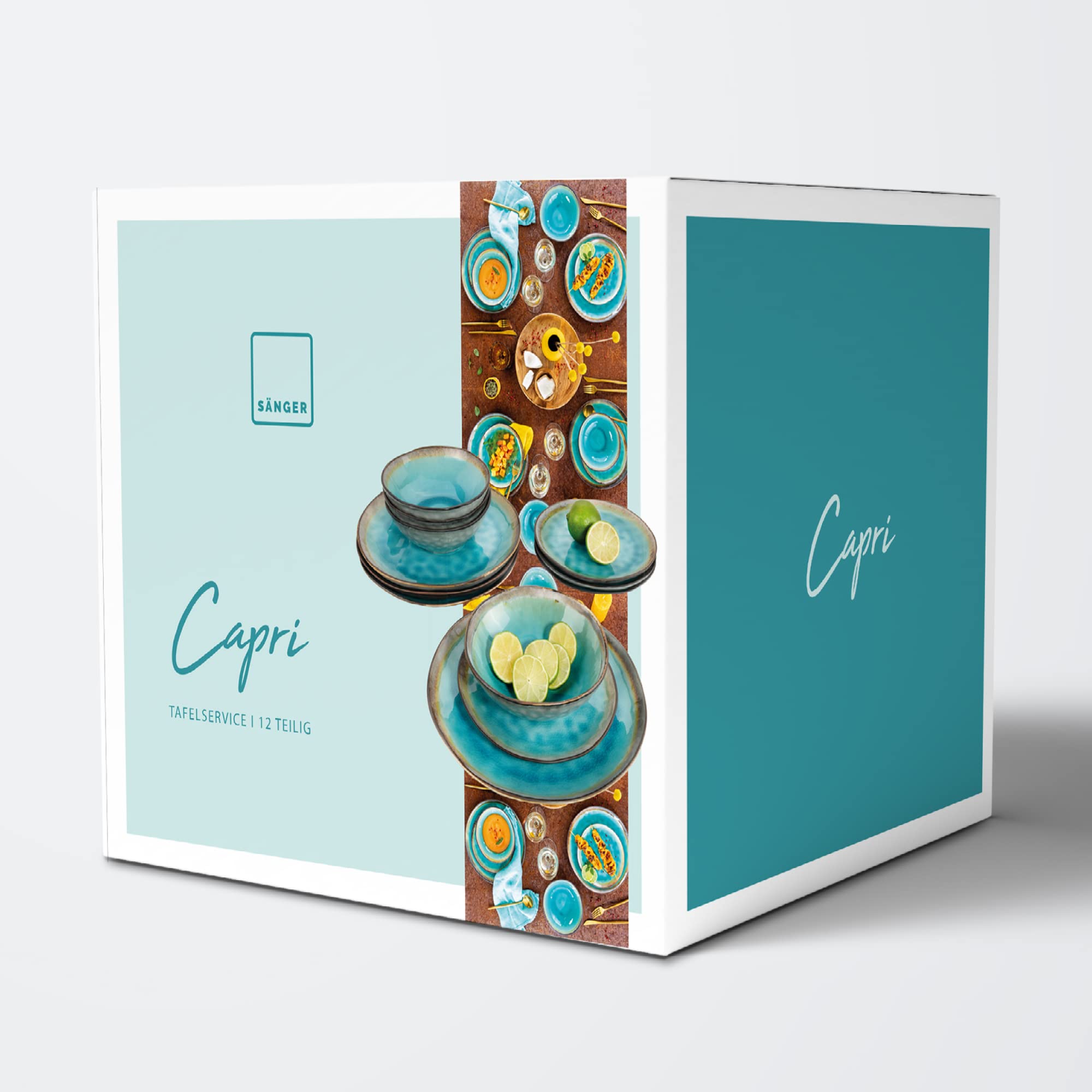 SÄNGER Capri – 12-tlg. Steingut Geschirrset für 4 Personen, Speise- Dessert- & Tiefe Teller, Handmade Türkis-Blau mit Grauem Rand – Premium Collection