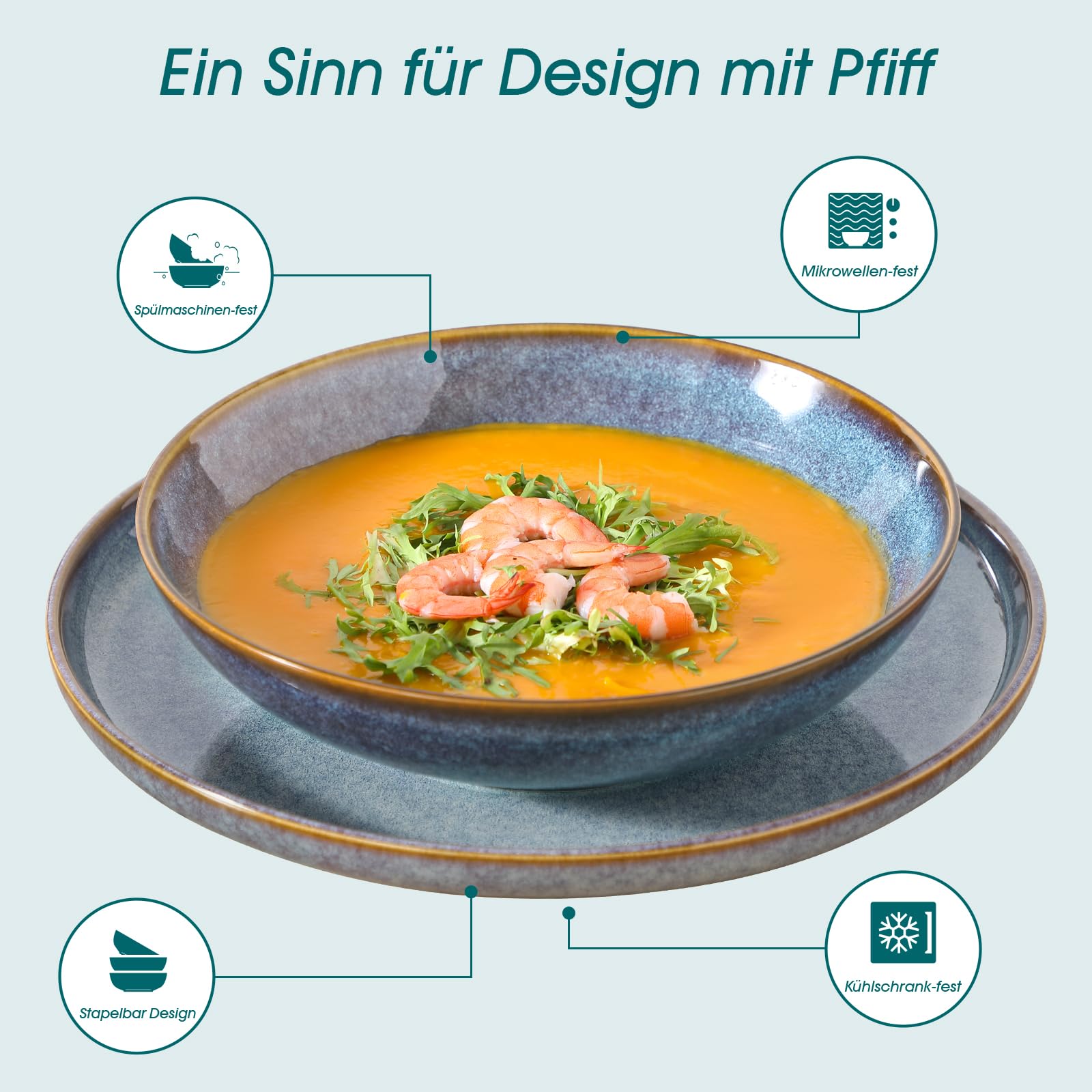 vancasso PLAYA – 24-tlg. Steingut Geschirrset für 6 Personen, Reaktive Glasur, Schalen, Suppen- Dessert- & Speiseteller, Lavendelblau, Spülmaschinenfest