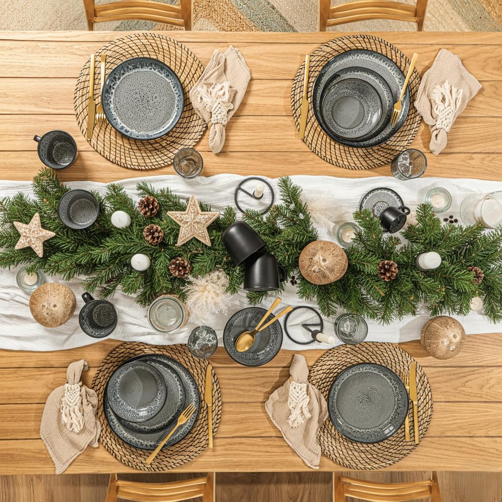 SÄNGER Sydney – 30-tlg. Kombiservice für 6 Personen, Teller Set mit Bechern & Pastaschalen, Dunkelgraues Steingut, Spülmaschinen- & Mikrowellenfest