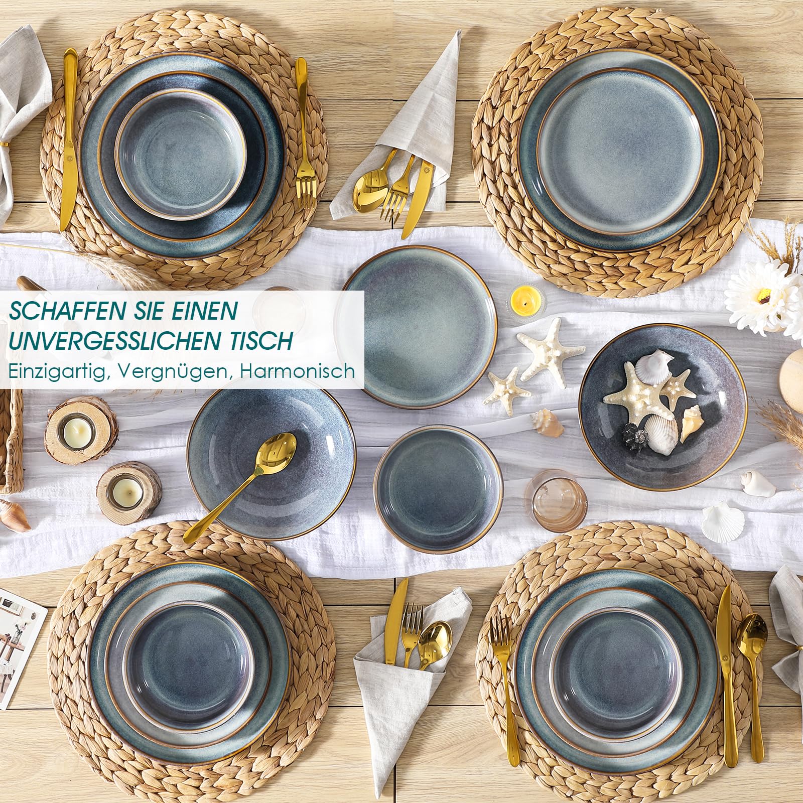 vancasso PLAYA – 24-tlg. Steingut Geschirrset für 6 Personen, Reaktive Glasur, Schalen, Suppen- Dessert- & Speiseteller, Lavendelblau, Spülmaschinenfest