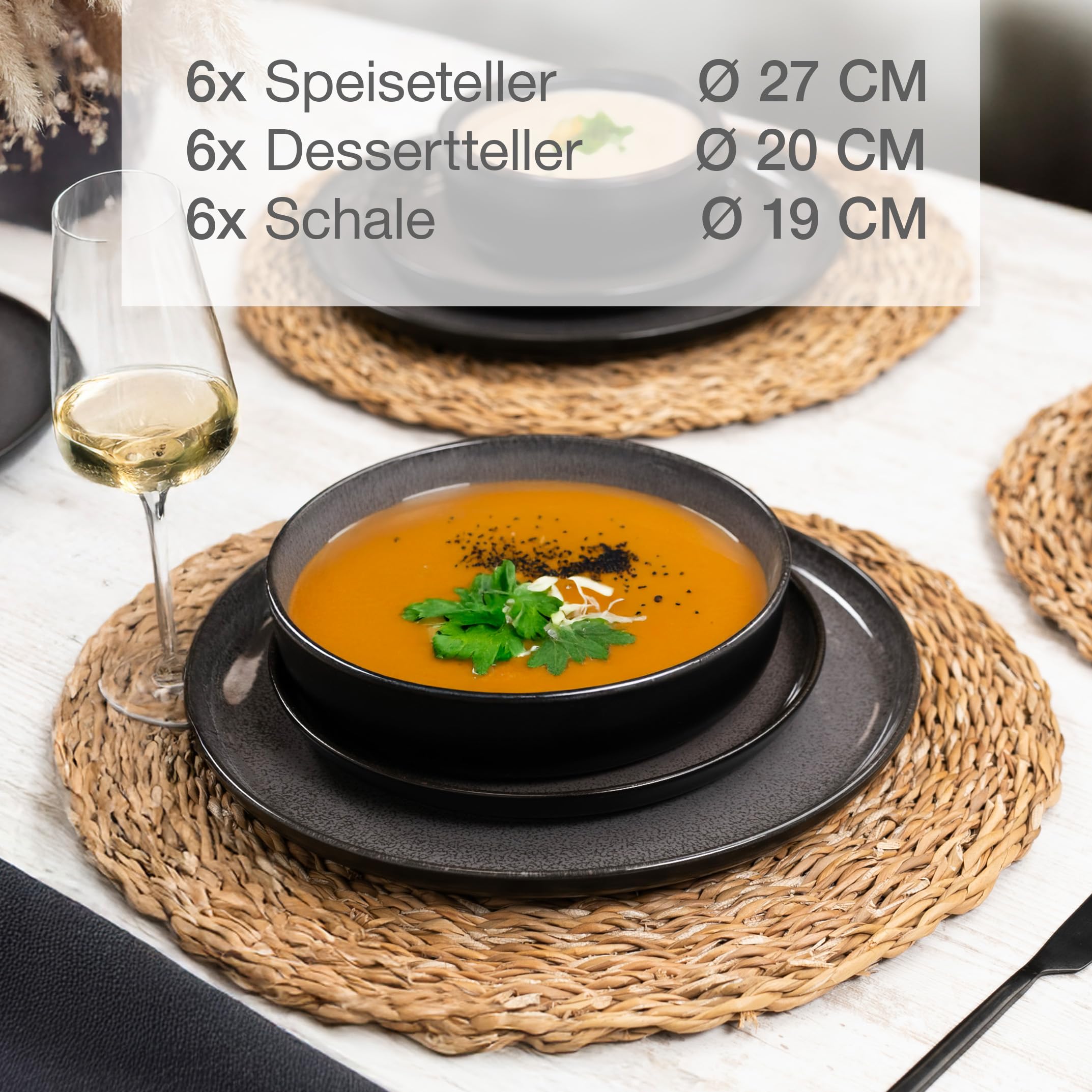 Moritz & Moritz VIDA – 18-tlg. Porzellan Geschirrset für 6 Personen, Modern, Kratz- Mikrowellen- & Spülmaschinenfest, Anthrazit