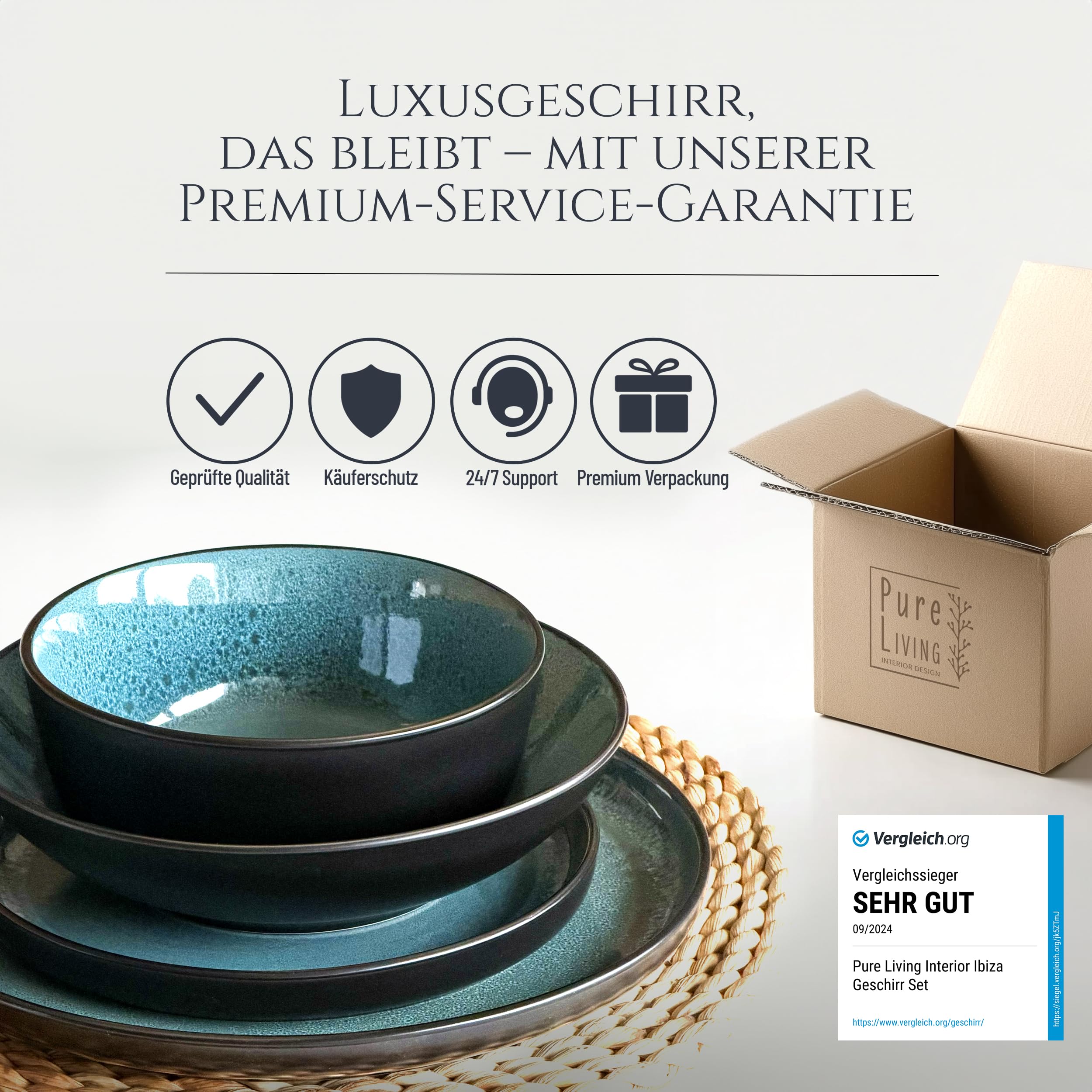 Ibiza Petrol – 24-tlg. Steingut Geschirrset für 6 Personen, Mediterranes Tafelservice, Teller & Schüsseln, TESTSIEGER – Pure Living Collection