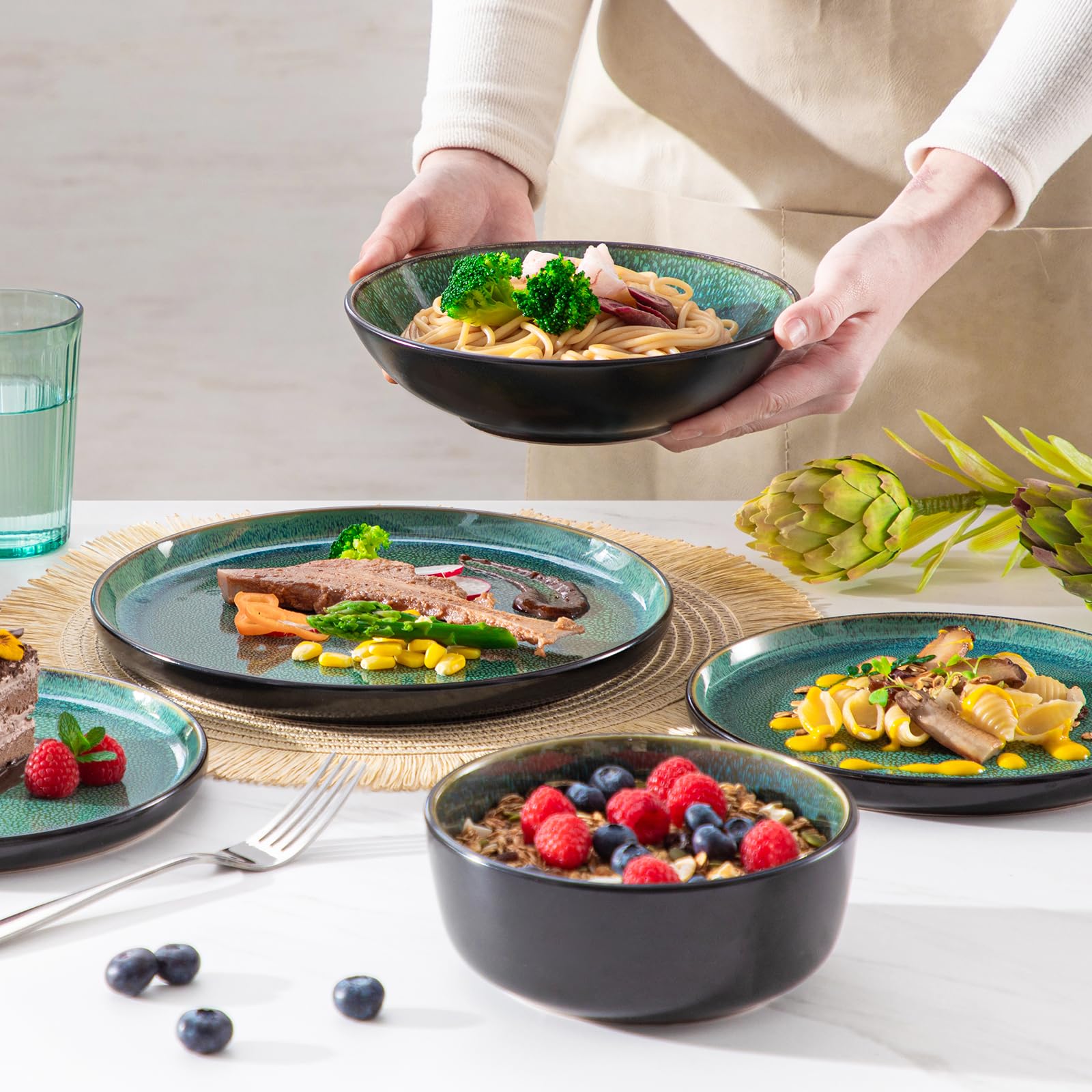 vancasso PLAYA Grün – 24-tlg. Steingut Geschirrset für 6 Personen, Teller- Suppenteller- Schalen & Salatteller, Mikrowellen- & Spülmaschinengeeignet