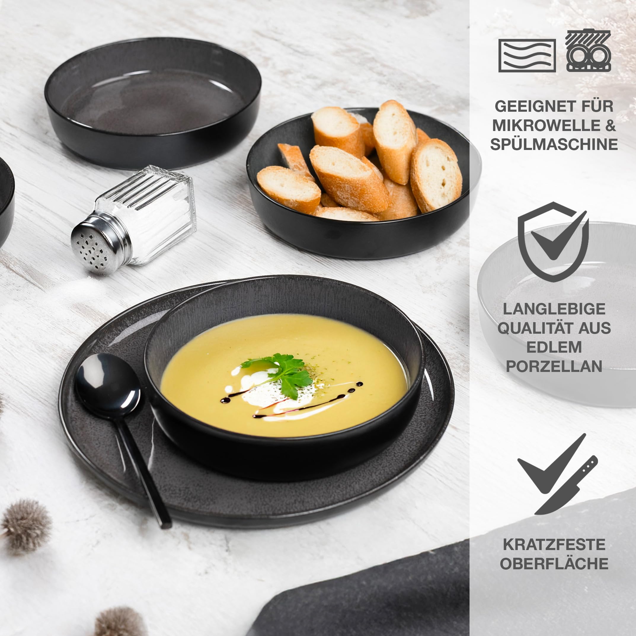 Moritz & Moritz VIDA – 18-tlg. Porzellan Geschirrset für 6 Personen, Modern, Kratz- Mikrowellen- & Spülmaschinenfest, Anthrazit