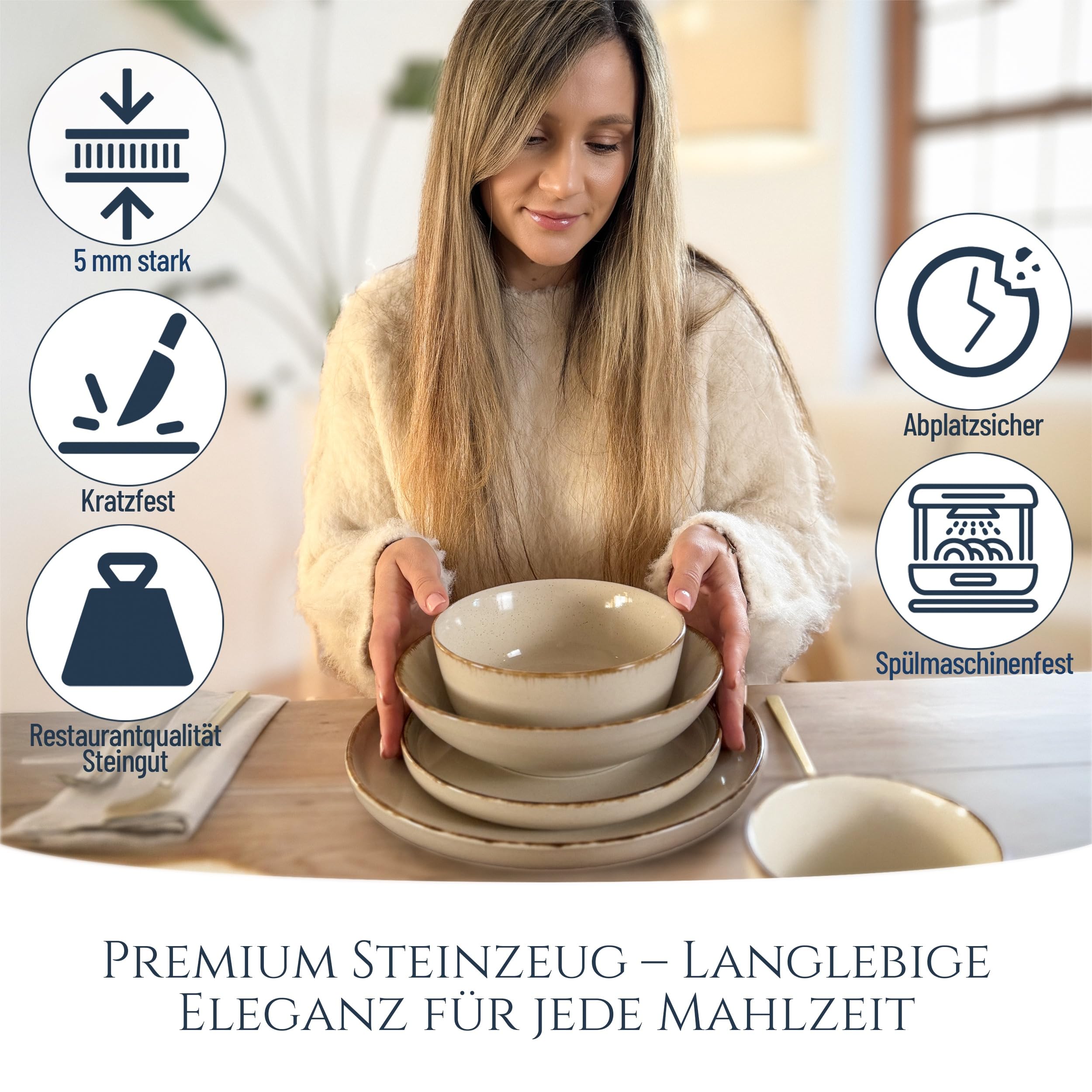 Rustic – 24-tlg. Steingut Geschirrset für 6 Personen, Landhausstil, Teller & Schüsseln, Beige, TESTSIEGER – Pure Living Collection