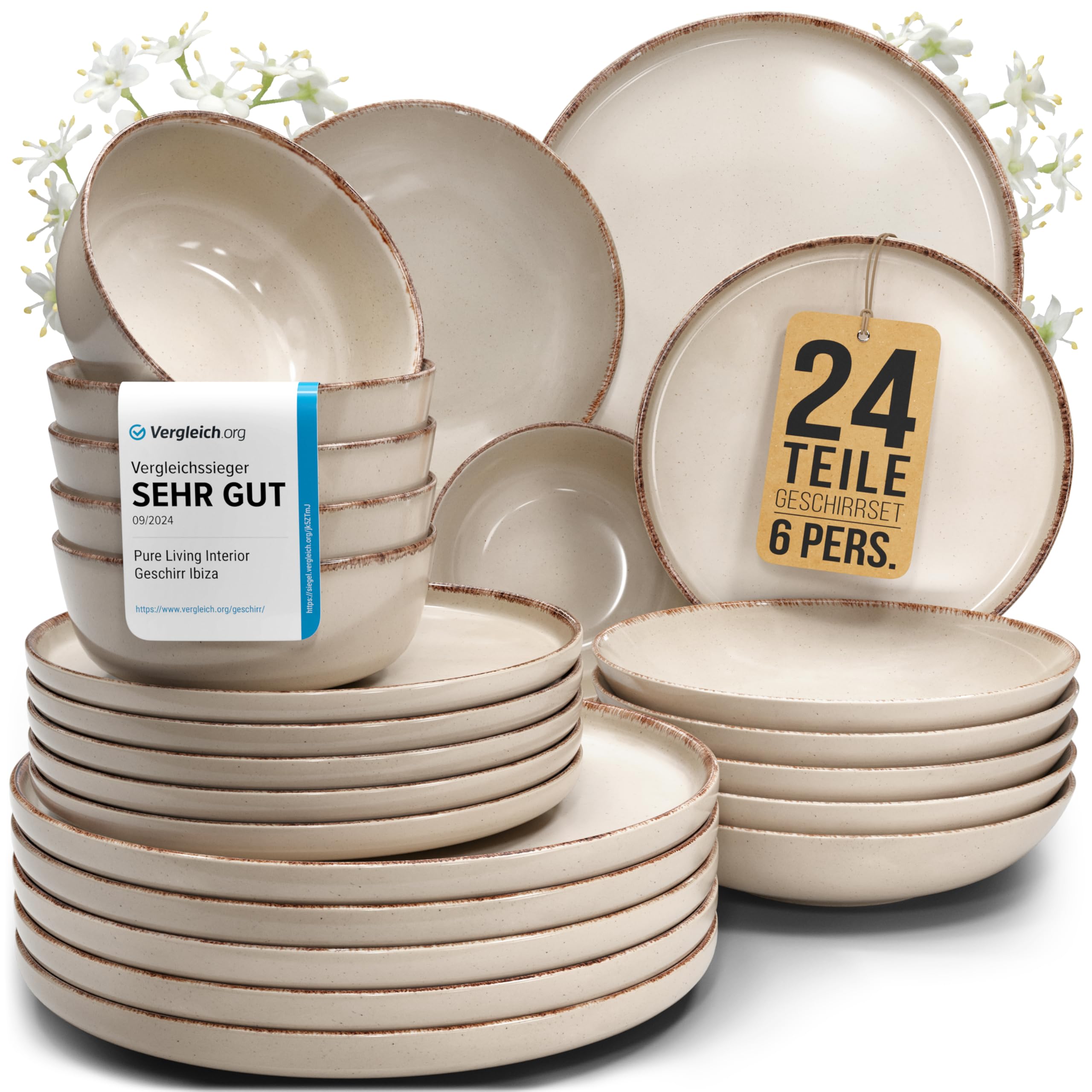 Rustic – 24-tlg. Steingut Geschirrset für 6 Personen, Landhausstil, Teller & Schüsseln, Beige, TESTSIEGER – Pure Living Collection