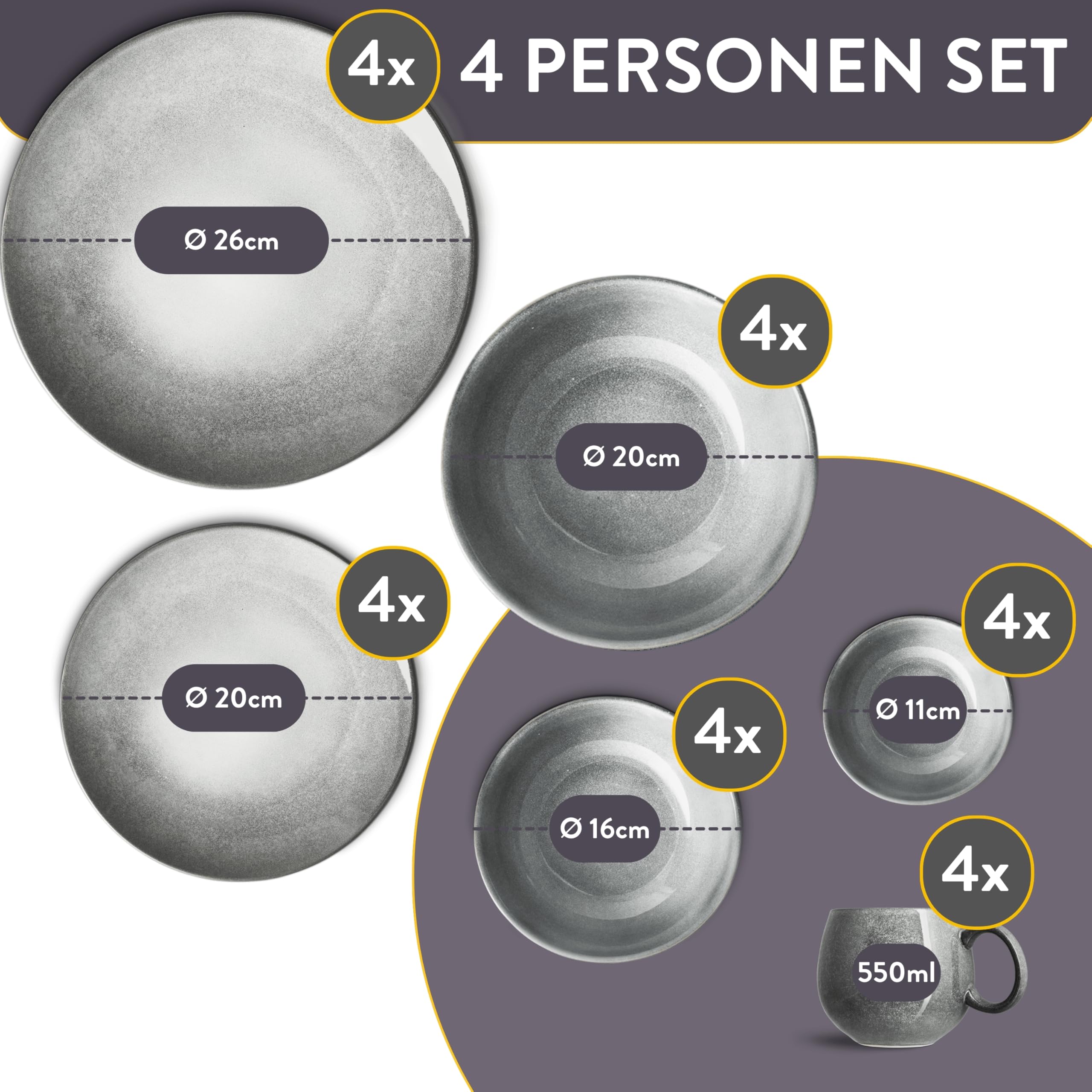 SPRINGLANE Misty Cliff – 24-tlg. Steingut Geschirrset für 4 Personen, Modernes Tafelservice mit Teller- und Schüsselset