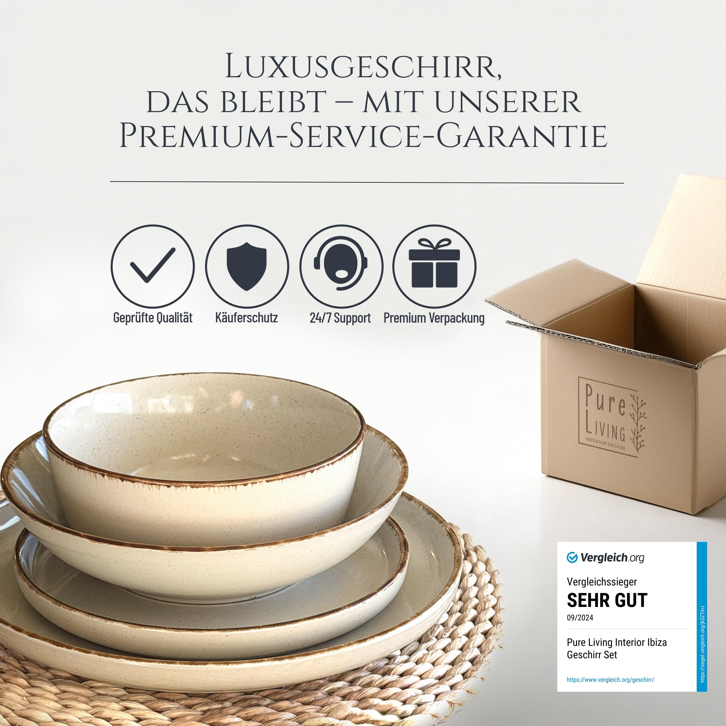 Rustic – 24-tlg. Steingut Geschirrset für 6 Personen, Landhausstil, Teller & Schüsseln, Beige, TESTSIEGER – Pure Living Collection