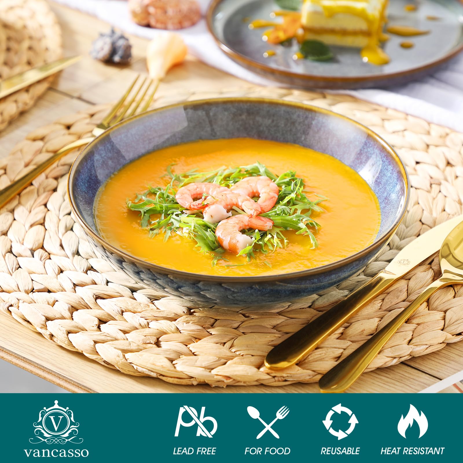 vancasso PLAYA – 24-tlg. Steingut Geschirrset für 6 Personen, Reaktive Glasur, Schalen, Suppen- Dessert- & Speiseteller, Lavendelblau, Spülmaschinenfest