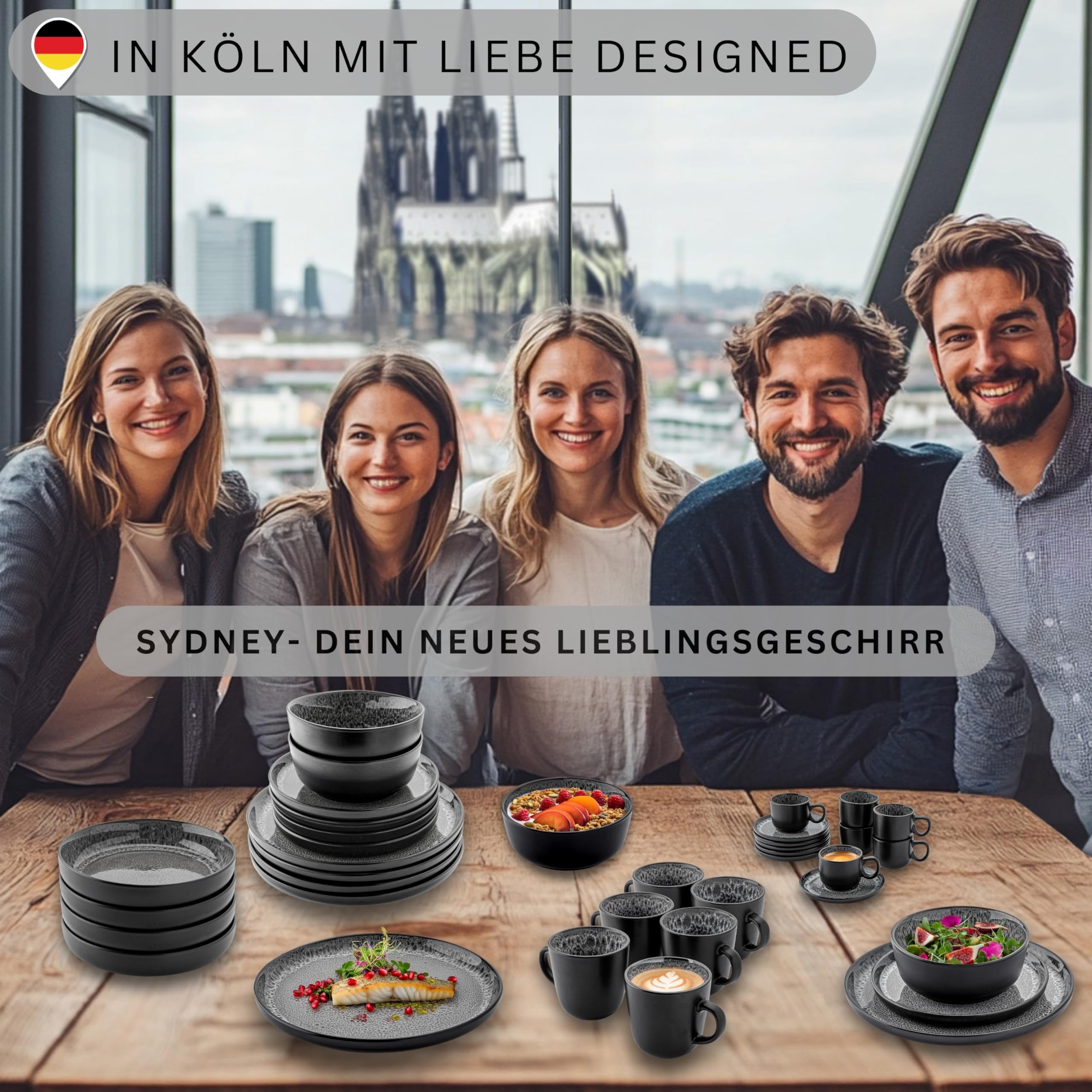SÄNGER Sydney – 30-tlg. Kombiservice für 6 Personen, Teller Set mit Bechern & Pastaschalen, Dunkelgraues Steingut, Spülmaschinen- & Mikrowellenfest