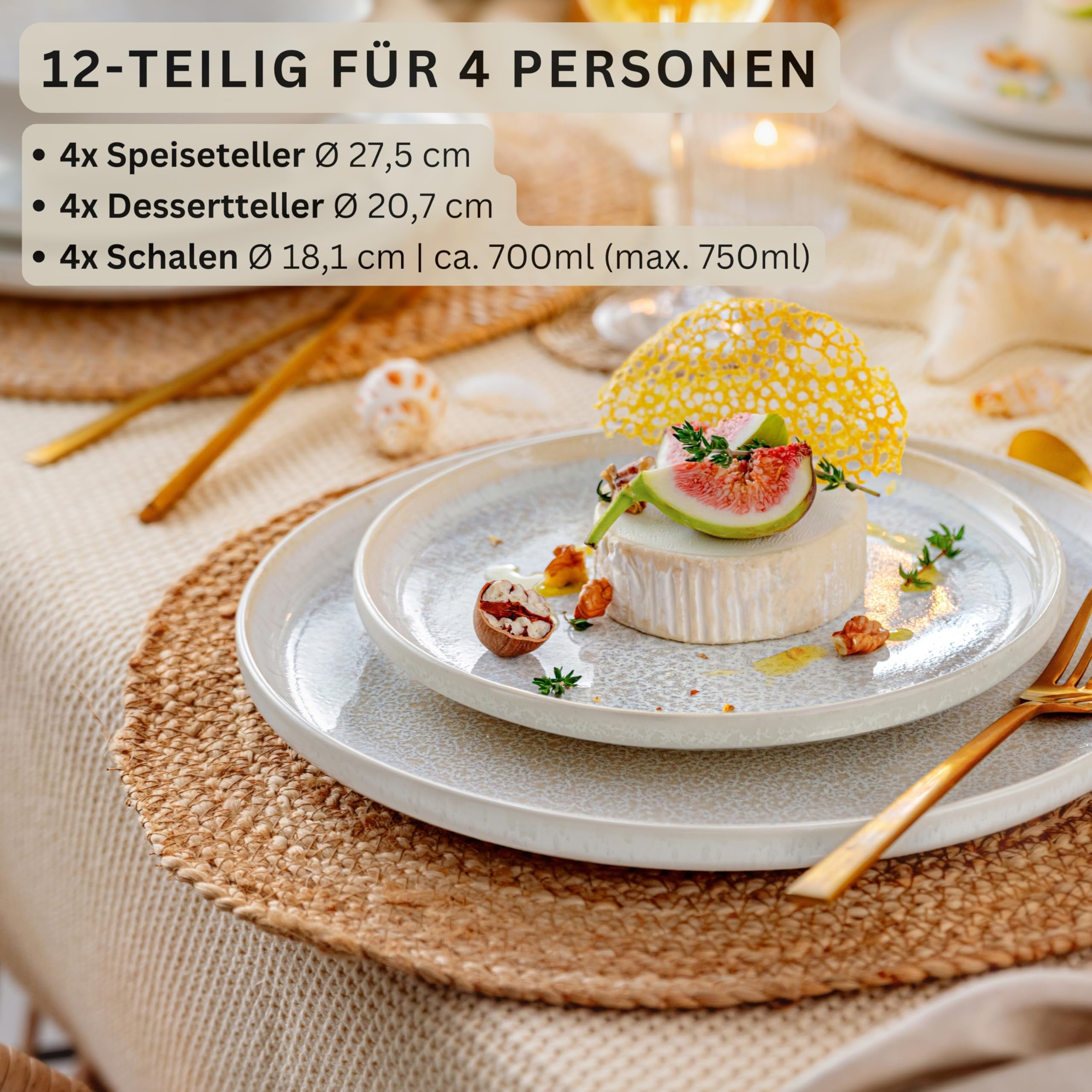 SÄNGER Korfu – 12-tlg. Steingut Set für 4 Personen, Handmade, Speise- Dessert- & Tiefe Teller, Creme mit Sandstruktur, TEST SEHR GUT – Premium Collection