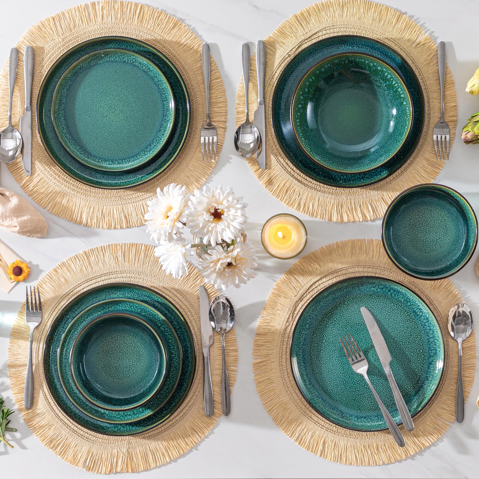 vancasso PLAYA Grün – 24-tlg. Steingut Geschirrset für 6 Personen, Teller- Suppenteller- Schalen & Salatteller, Mikrowellen- & Spülmaschinengeeignet