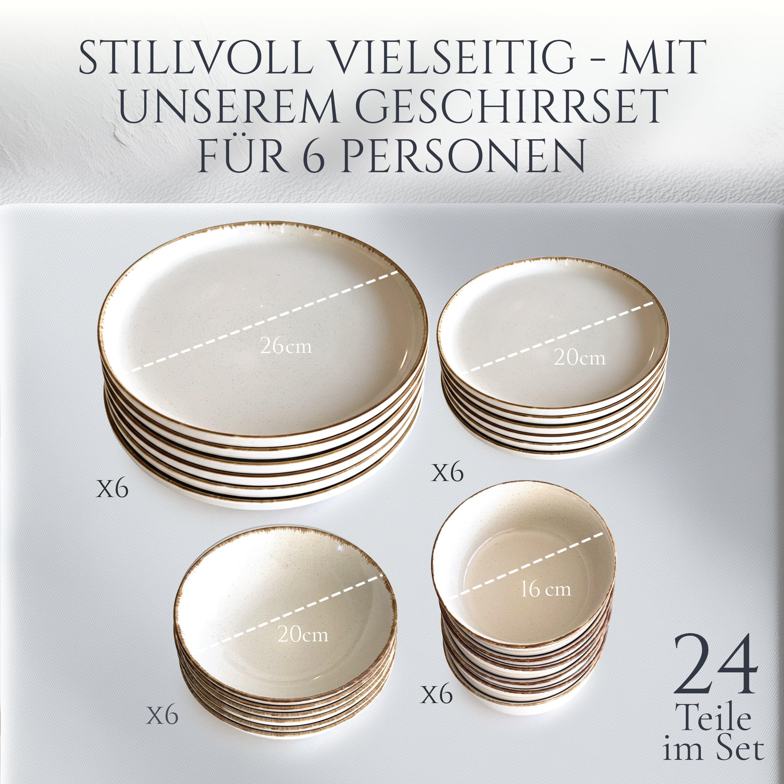 Rustic – 24-tlg. Steingut Geschirrset für 6 Personen, Landhausstil, Teller & Schüsseln, Beige, TESTSIEGER – Pure Living Collection