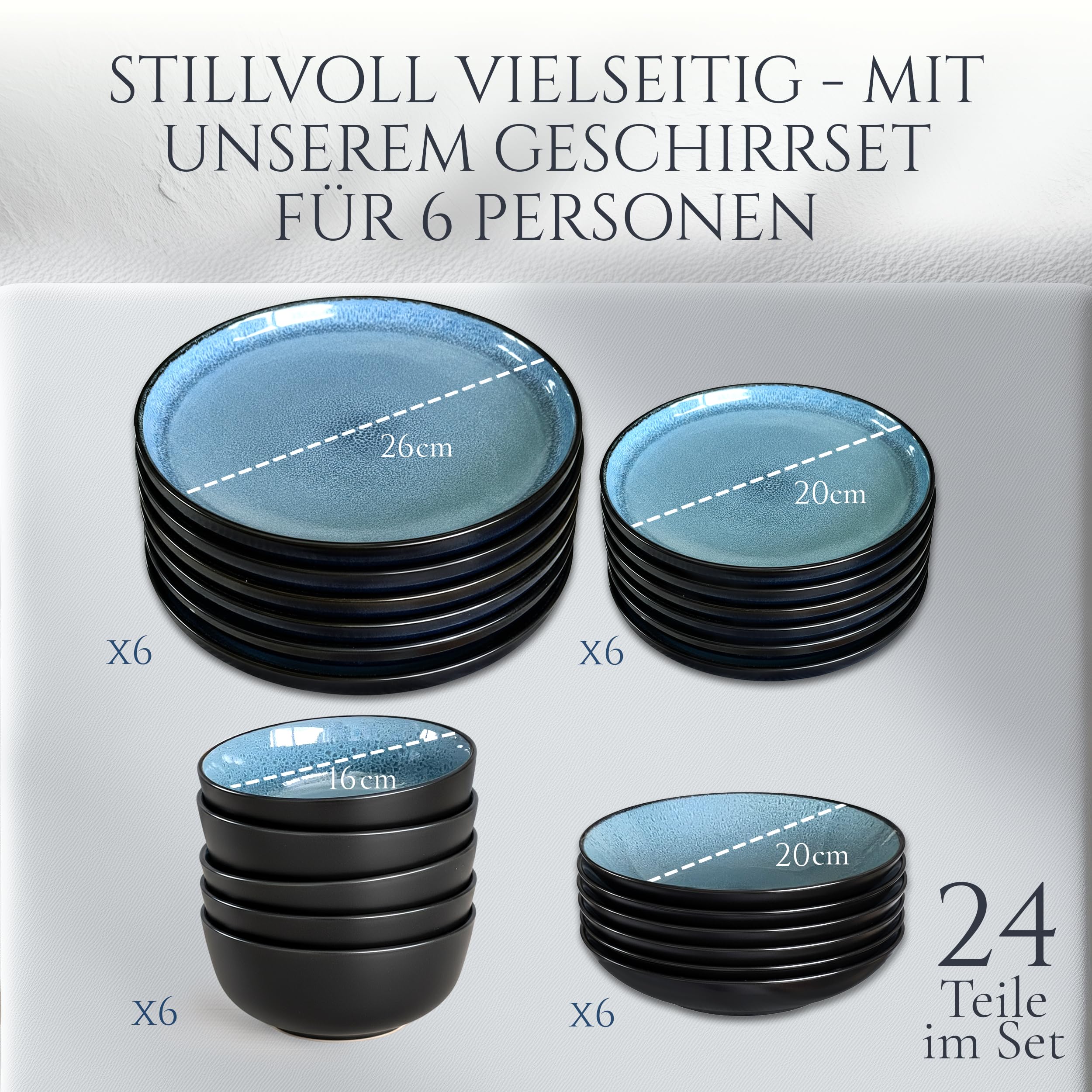 Ibiza Petrol – 24-tlg. Steingut Geschirrset für 6 Personen, Mediterranes Tafelservice, Teller & Schüsseln, TESTSIEGER – Pure Living Collection