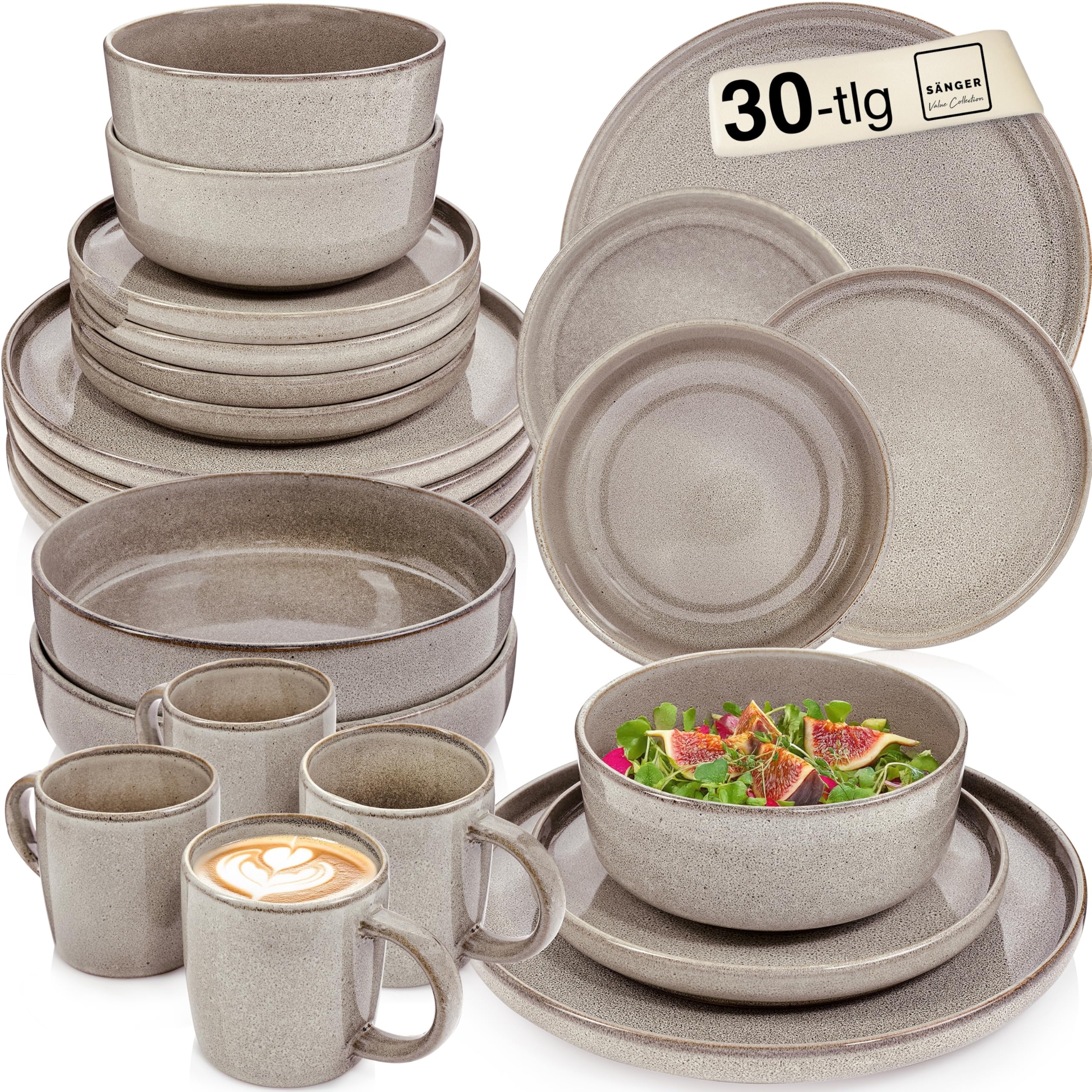 SÄNGER Kairo Clay – 30-tlg. Kombiservice für 6 Personen, Teller, Becher & Pastaschalen, Steingut, Spülmaschinen- & Mikrowellenfest – Value Collection