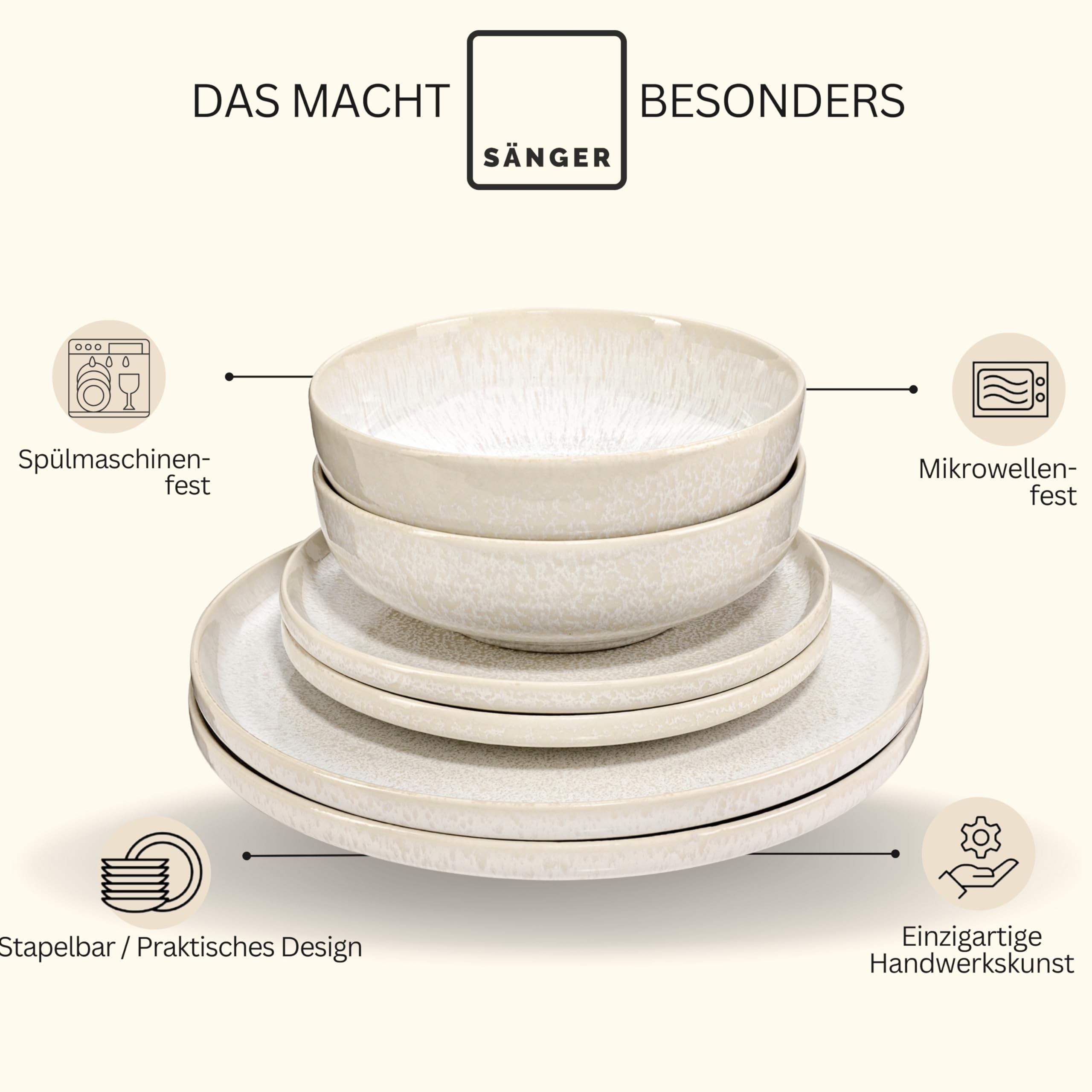 SÄNGER Korfu – 12-tlg. Steingut Set für 4 Personen, Handmade, Speise- Dessert- & Tiefe Teller, Creme mit Sandstruktur, TEST SEHR GUT – Premium Collection
