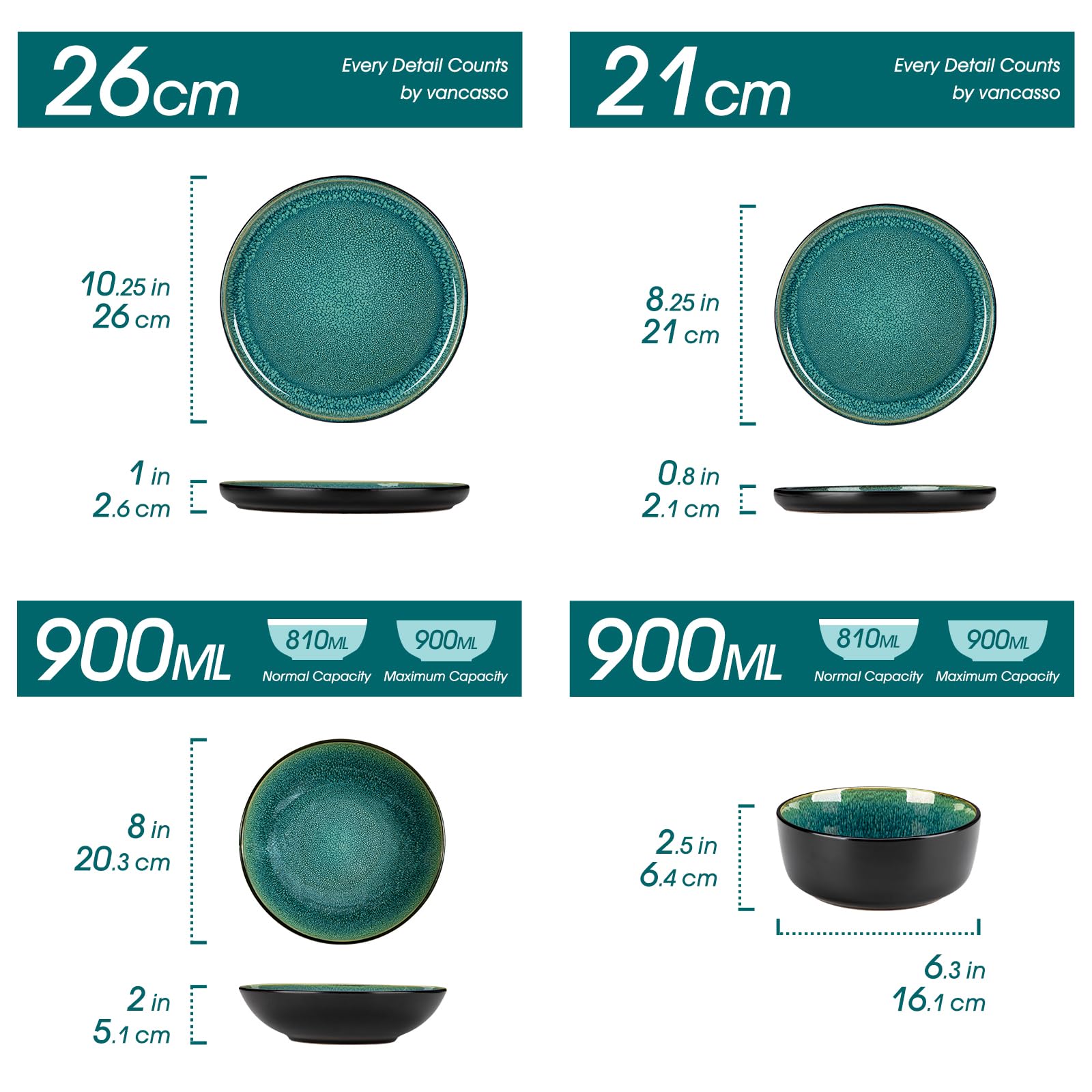 vancasso PLAYA Grün – 24-tlg. Steingut Geschirrset für 6 Personen, Teller- Suppenteller- Schalen & Salatteller, Mikrowellen- & Spülmaschinengeeignet