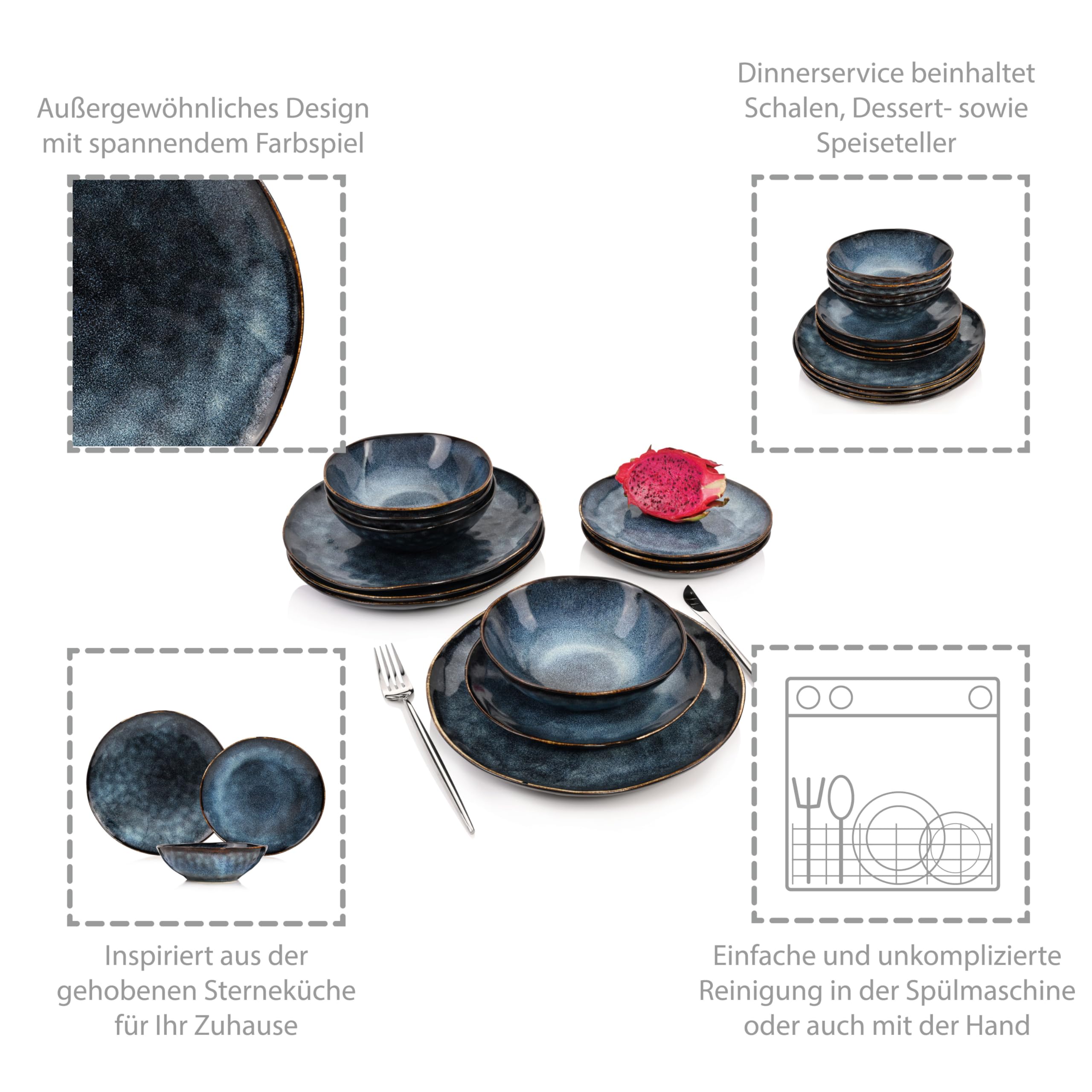 SÄNGER Tokio – 12-tlg. Steingut Teller Set für 4 Personen, Speiseteller, Kuchenteller & Schüsseln, Dunkelblau mit Schwarzen Akzenten – Premium Collection