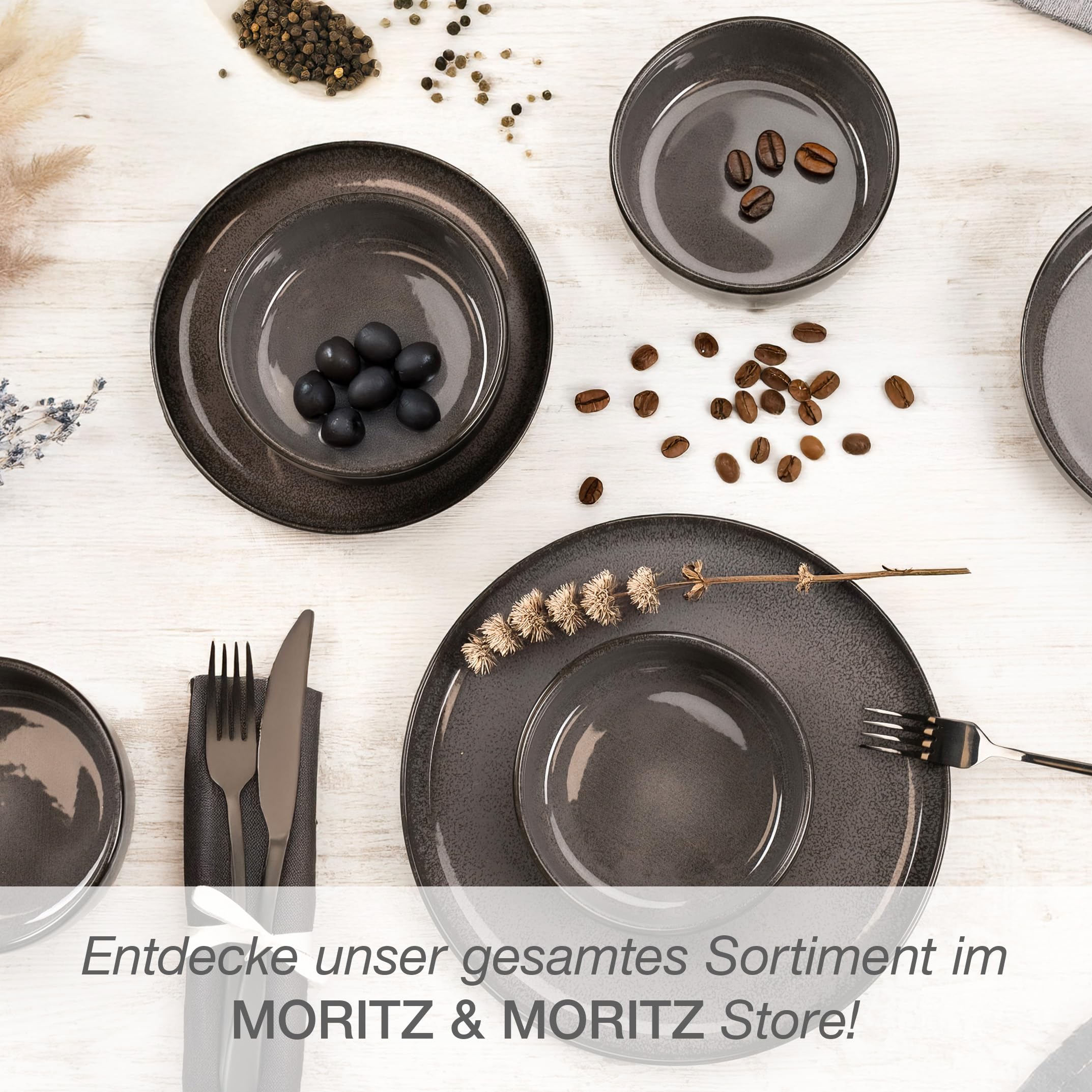 Moritz & Moritz VIDA – 18-tlg. Porzellan Geschirrset für 6 Personen, Modern, Kratz- Mikrowellen- & Spülmaschinenfest, Anthrazit