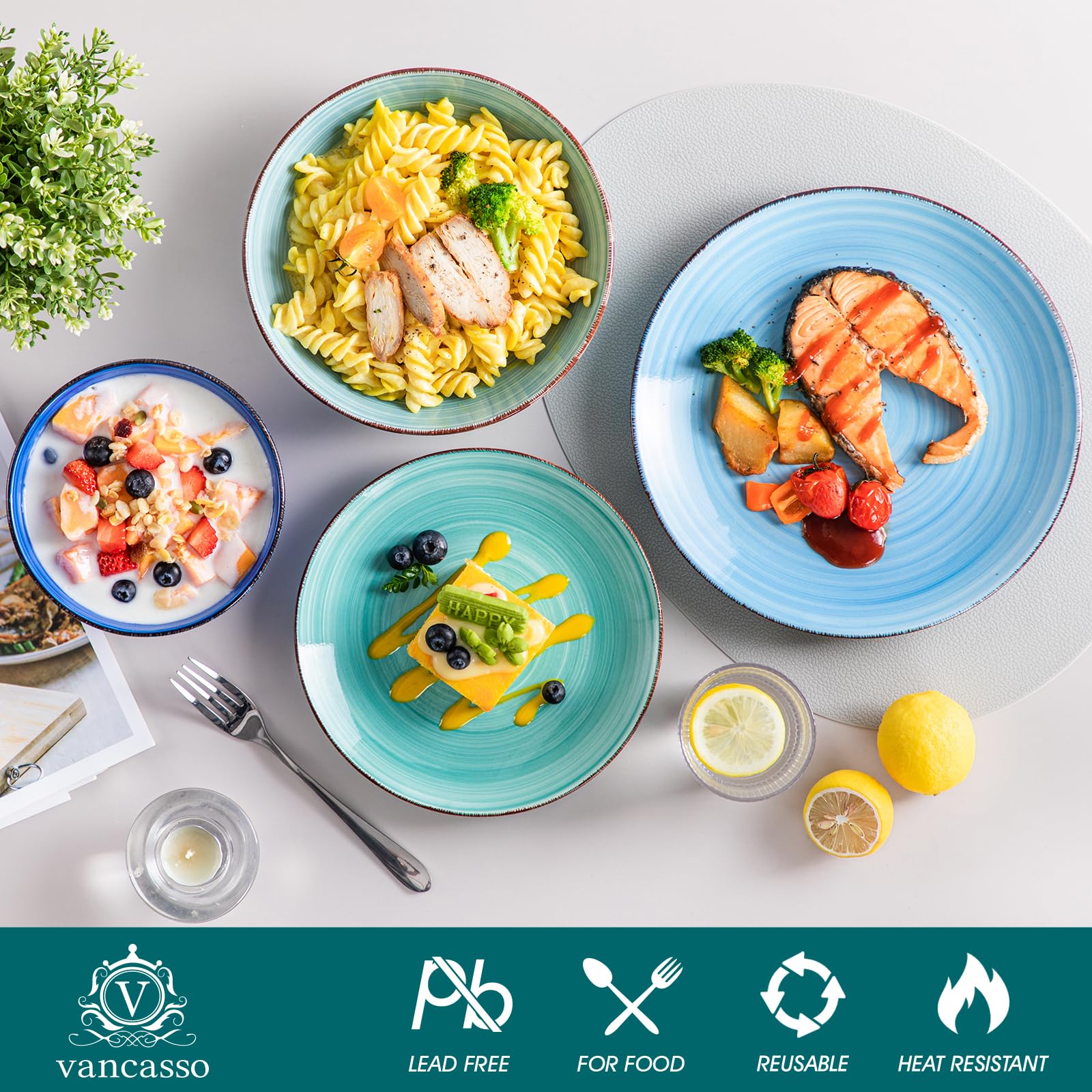 vancasso Bonita – 24-tlg. Steingut Tafelservice für 6 Personen, Modernes Ess- & Kombiservice mit Speise- Salat- Suppentellern und Schalen