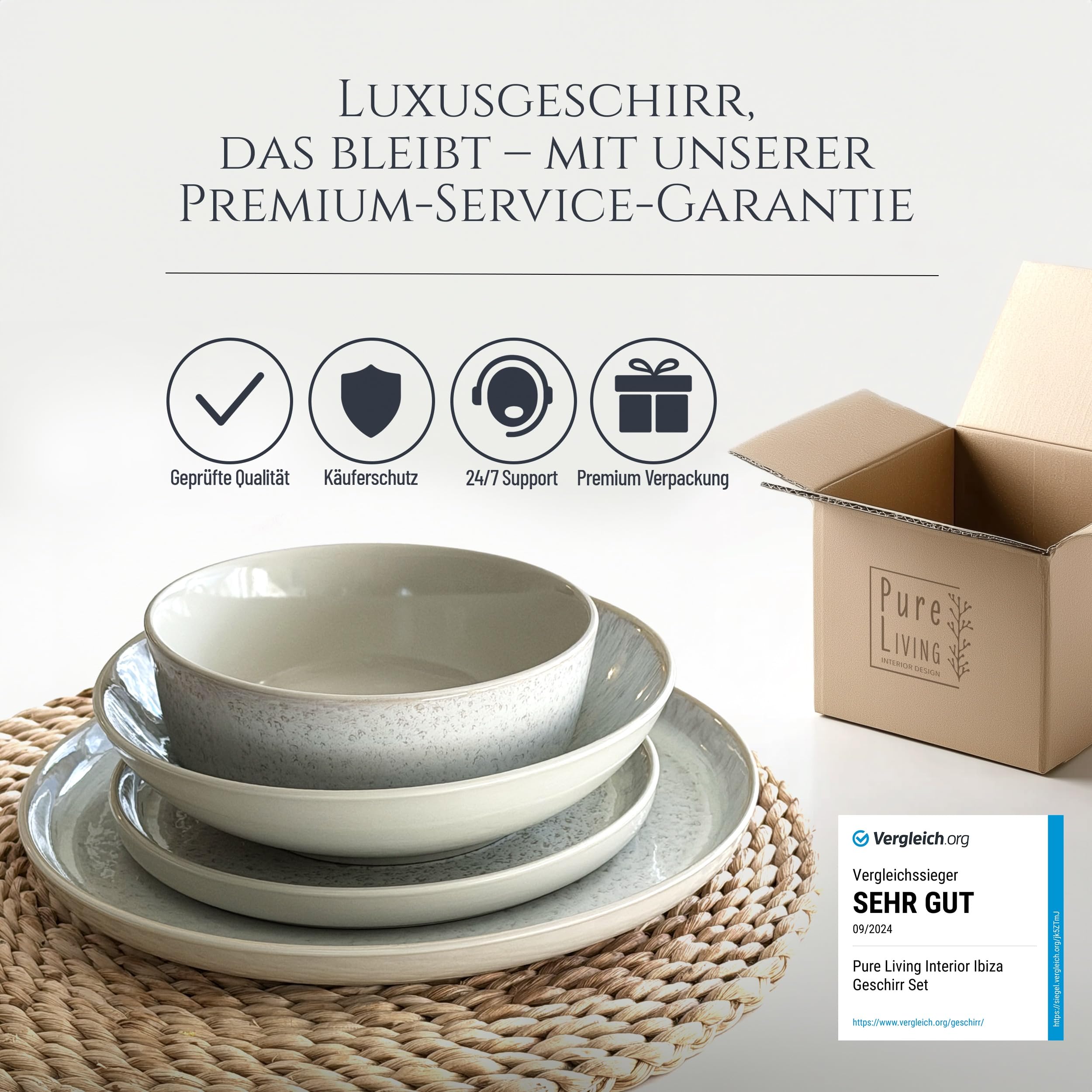 Ibiza – 24-tlg. Steingut Geschirrset für 6 Personen, Mediterranes Tafelservice, Schüsseln & Teller, Beige, TESTSIEGER – Pure Living Collection