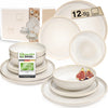 SÄNGER Korfu – 12-tlg. Steingut Set für 4 Personen, Handmade, Speise- Dessert- & Tiefe Teller, Creme mit Sandstruktur, TEST SEHR GUT – Premium Collection