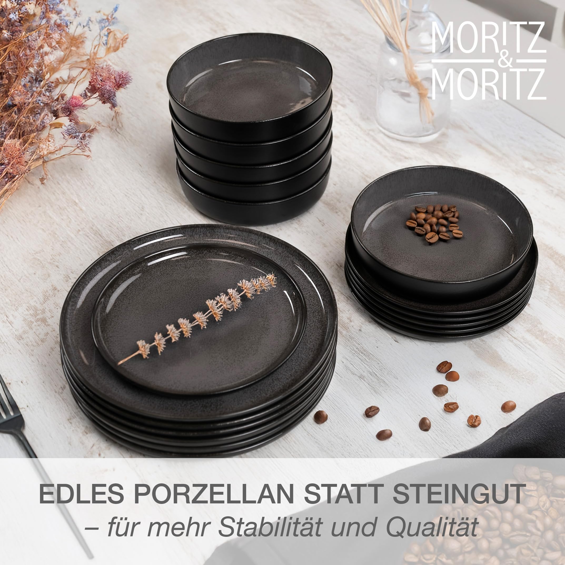 Moritz & Moritz VIDA – 18-tlg. Porzellan Geschirrset für 6 Personen, Modern, Kratz- Mikrowellen- & Spülmaschinenfest, Anthrazit
