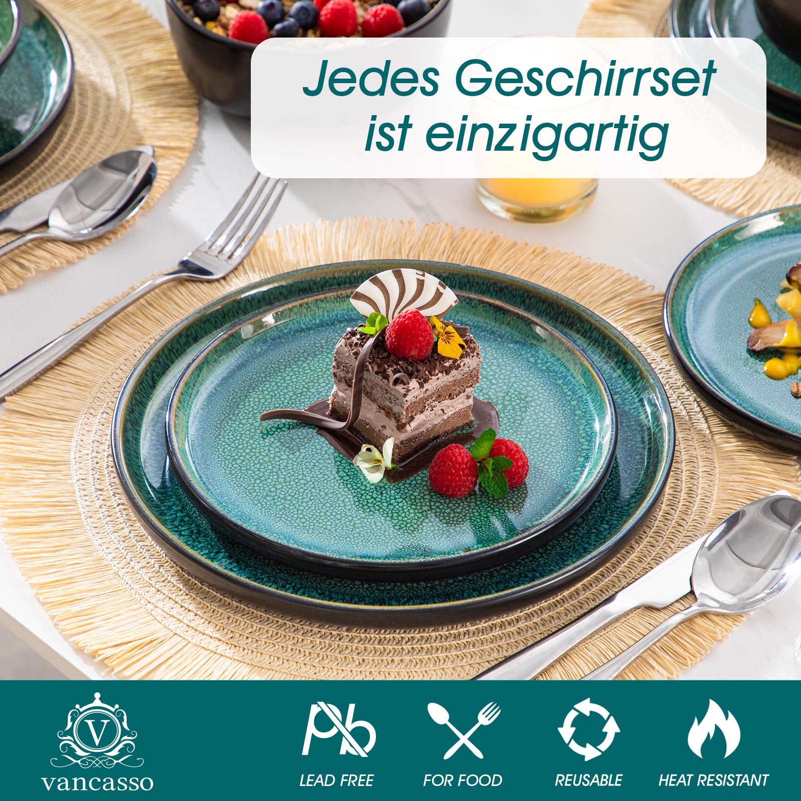 vancasso PLAYA Grün – 24-tlg. Steingut Geschirrset für 6 Personen, Teller- Suppenteller- Schalen & Salatteller, Mikrowellen- & Spülmaschinengeeignet