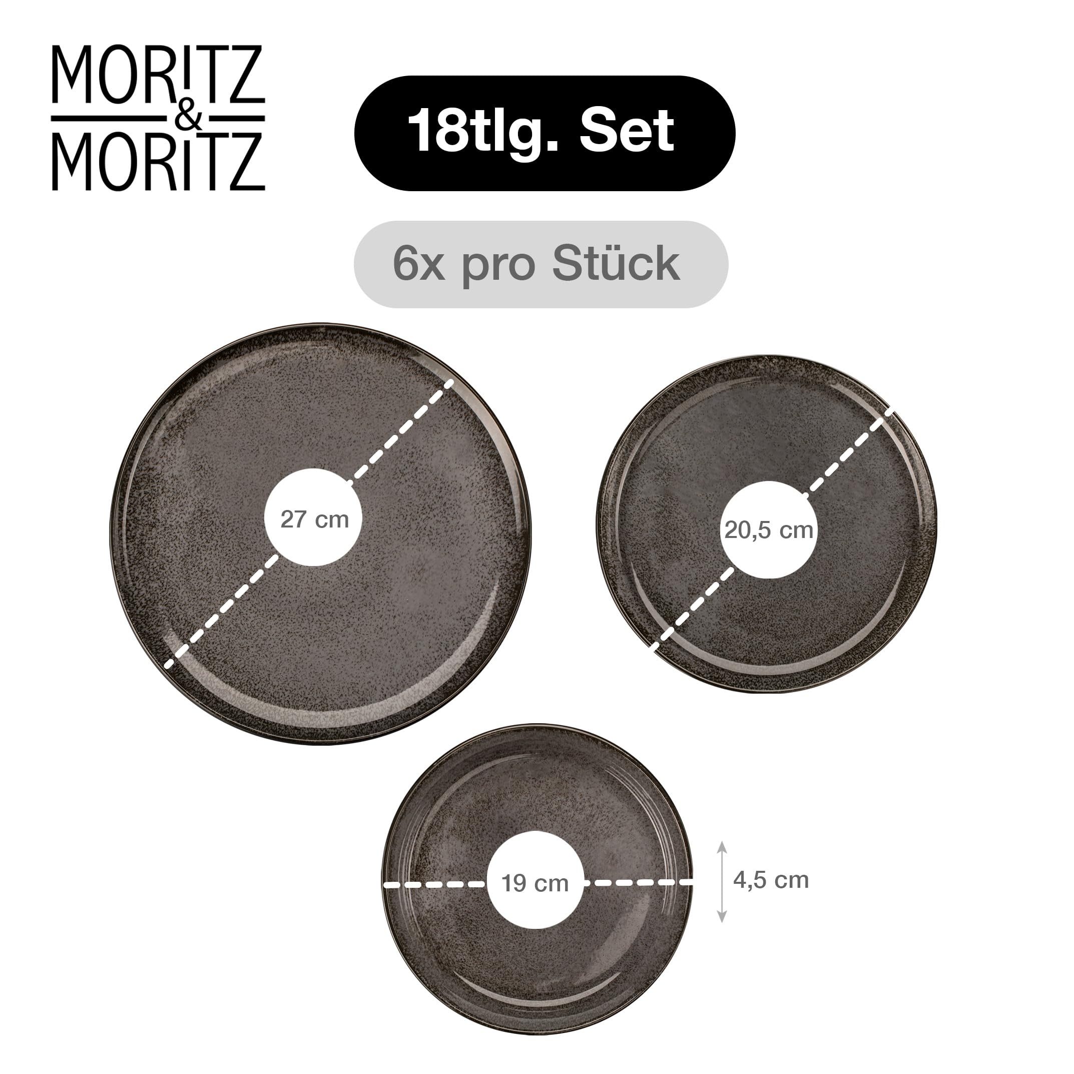 Moritz & Moritz VIDA – 18-tlg. Porzellan Geschirrset für 6 Personen, Modern, Kratz- Mikrowellen- & Spülmaschinenfest, Anthrazit
