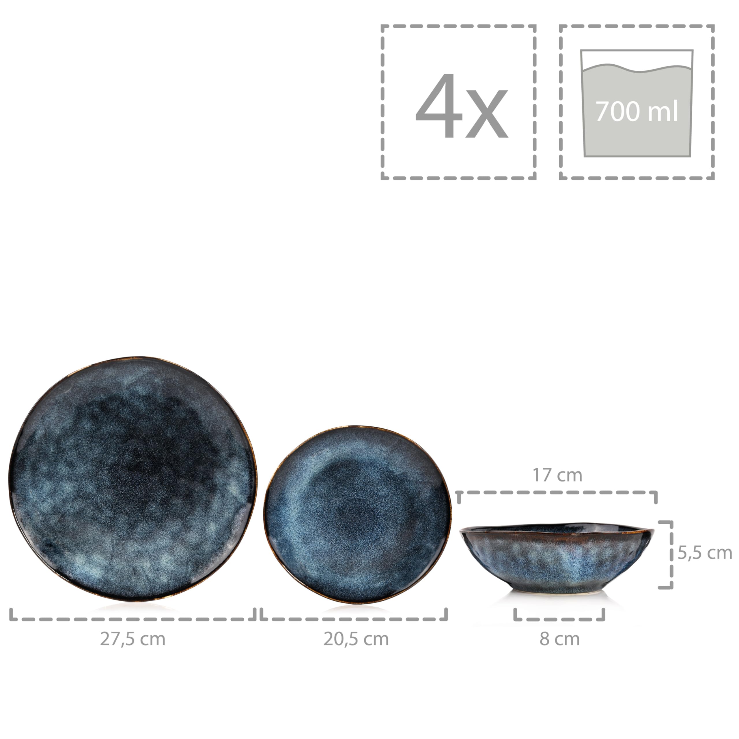 SÄNGER Tokio – 12-tlg. Steingut Teller Set für 4 Personen, Speiseteller, Kuchenteller & Schüsseln, Dunkelblau mit Schwarzen Akzenten – Premium Collection