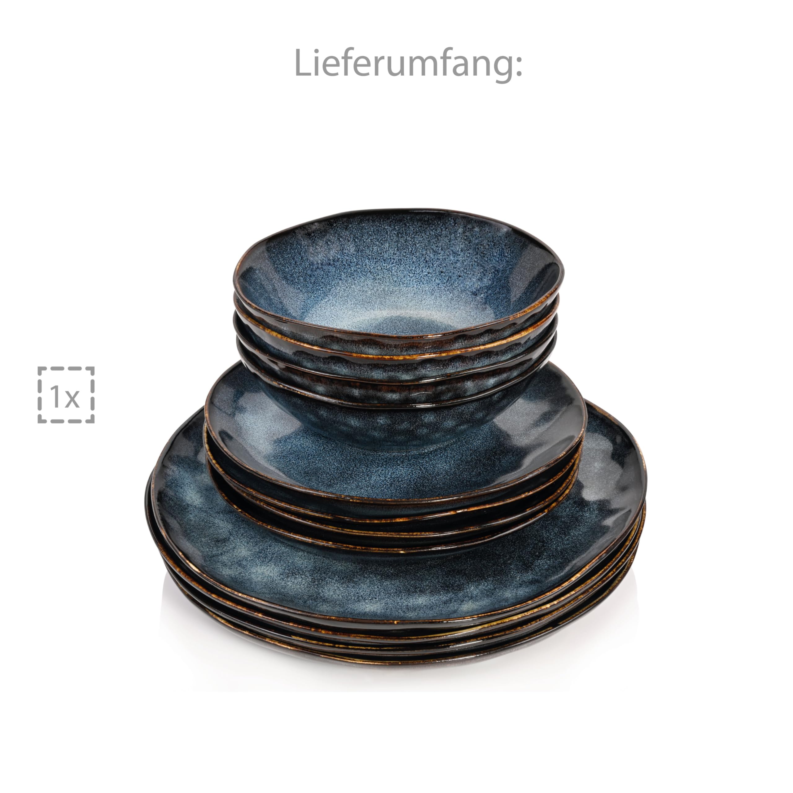 SÄNGER Tokio – 12-tlg. Steingut Teller Set für 4 Personen, Speiseteller, Kuchenteller & Schüsseln, Dunkelblau mit Schwarzen Akzenten – Premium Collection