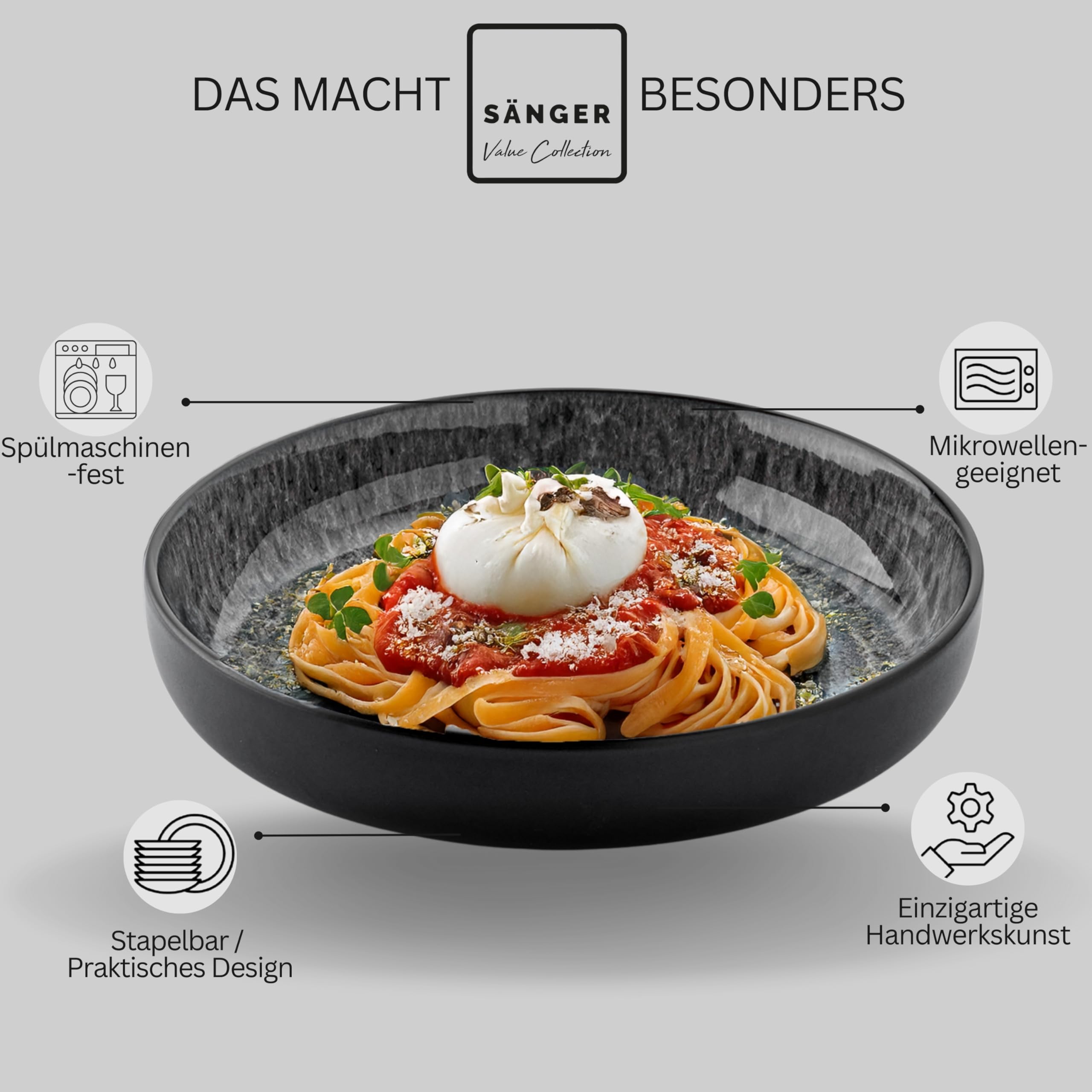 SÄNGER Sydney – 30-tlg. Kombiservice für 6 Personen, Teller Set mit Bechern & Pastaschalen, Dunkelgraues Steingut, Spülmaschinen- & Mikrowellenfest