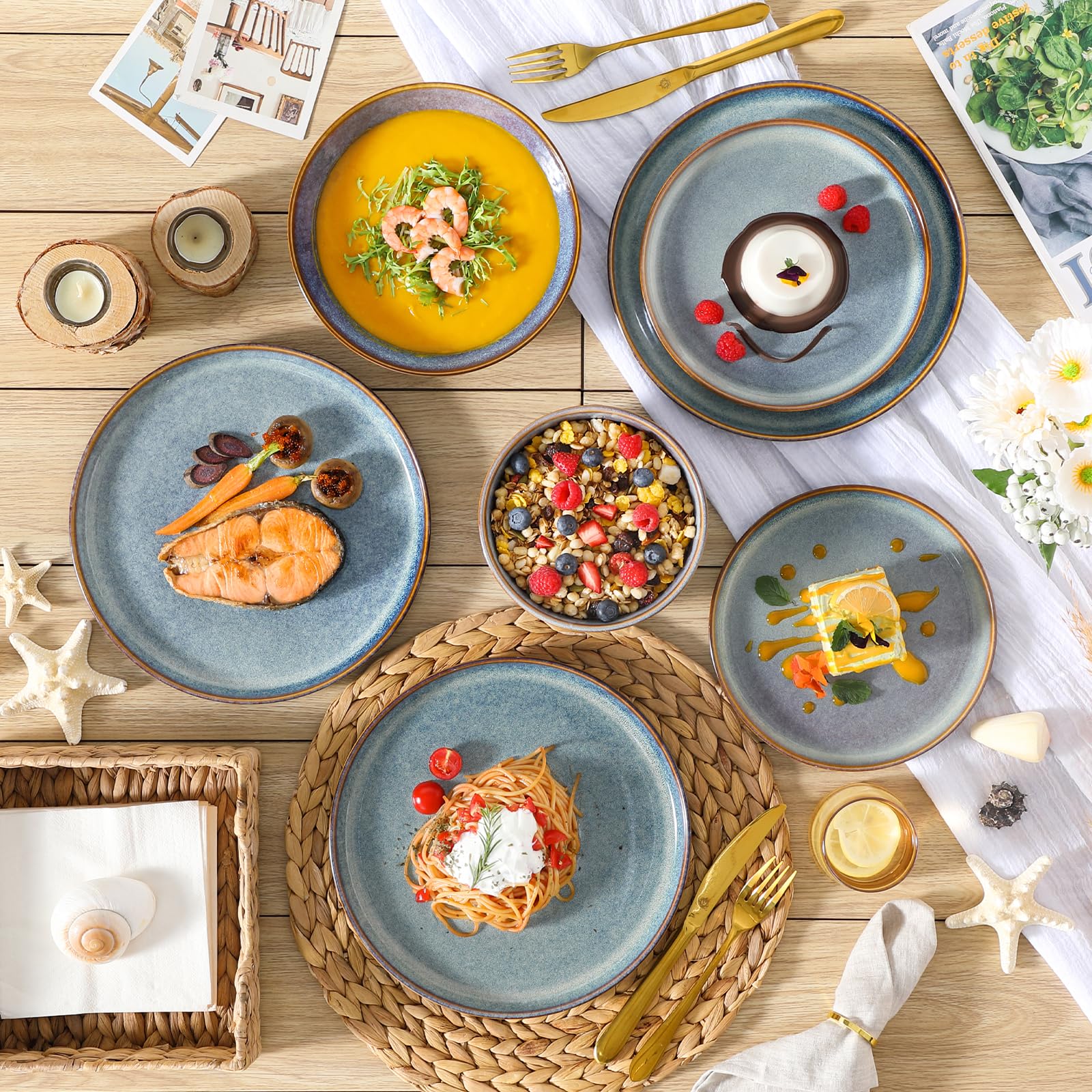 vancasso PLAYA – 24-tlg. Steingut Geschirrset für 6 Personen, Reaktive Glasur, Schalen, Suppen- Dessert- & Speiseteller, Lavendelblau, Spülmaschinenfest