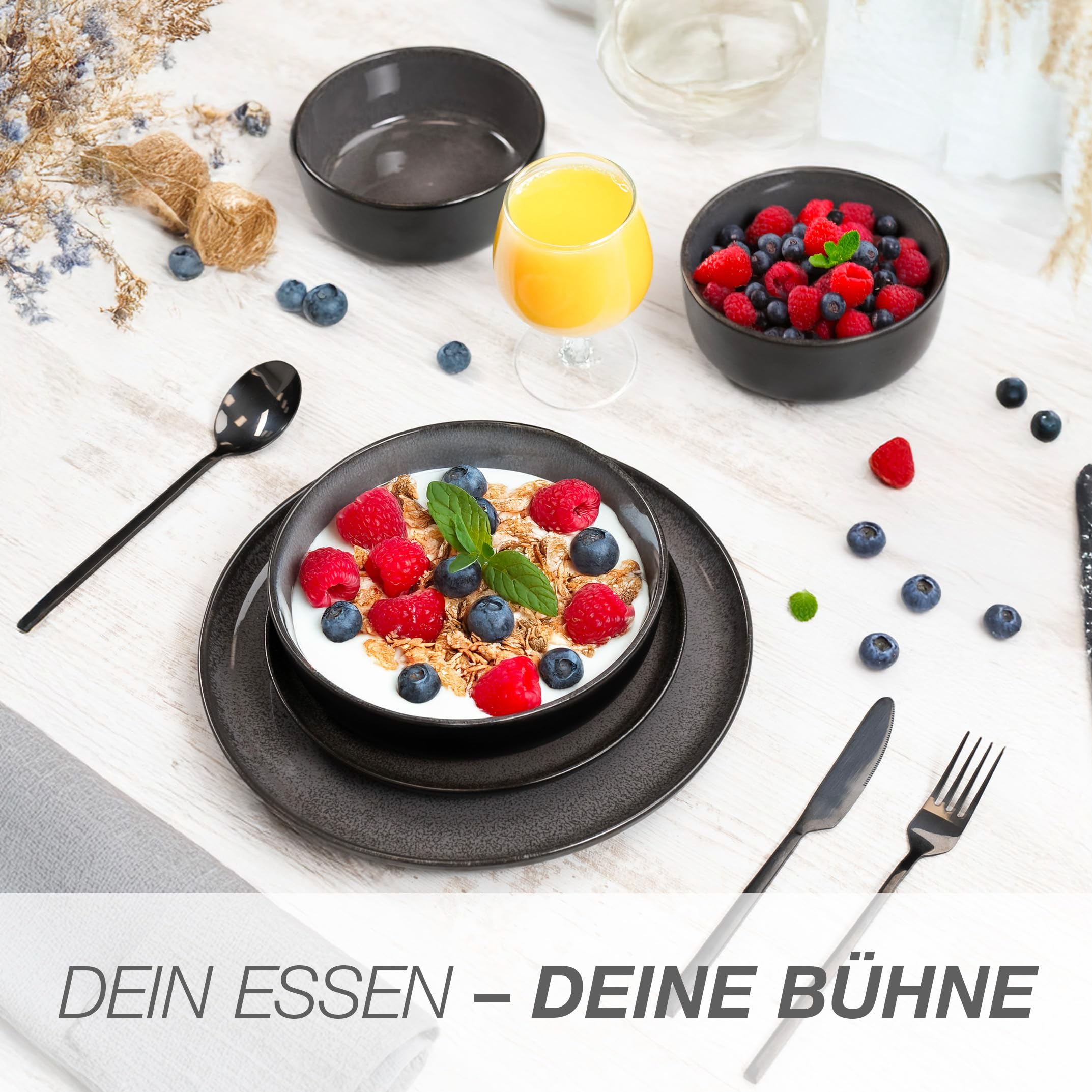 Moritz & Moritz VIDA – 18-tlg. Porzellan Geschirrset für 6 Personen, Modern, Kratz- Mikrowellen- & Spülmaschinenfest, Anthrazit