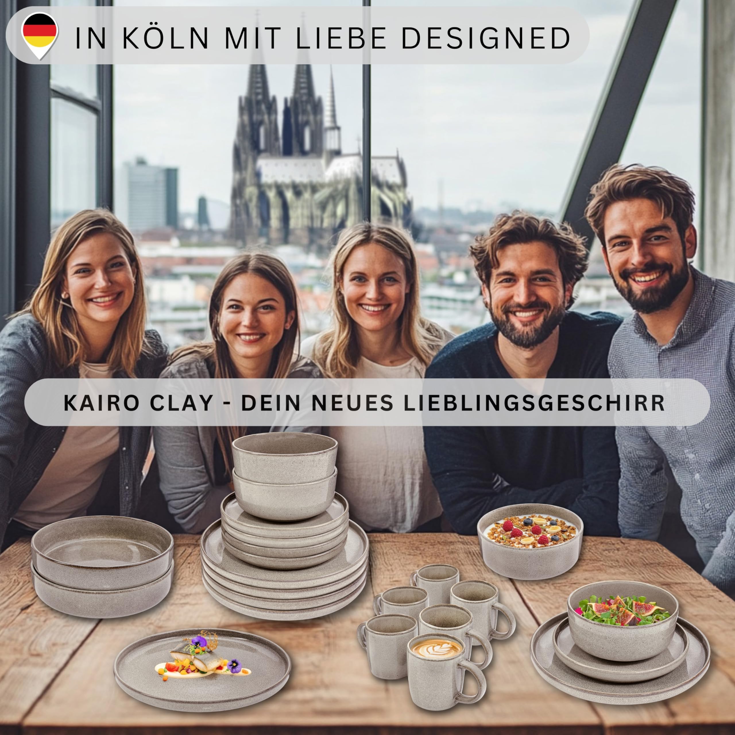 SÄNGER Kairo Clay – 30-tlg. Kombiservice für 6 Personen, Teller, Becher & Pastaschalen, Steingut, Spülmaschinen- & Mikrowellenfest – Value Collection
