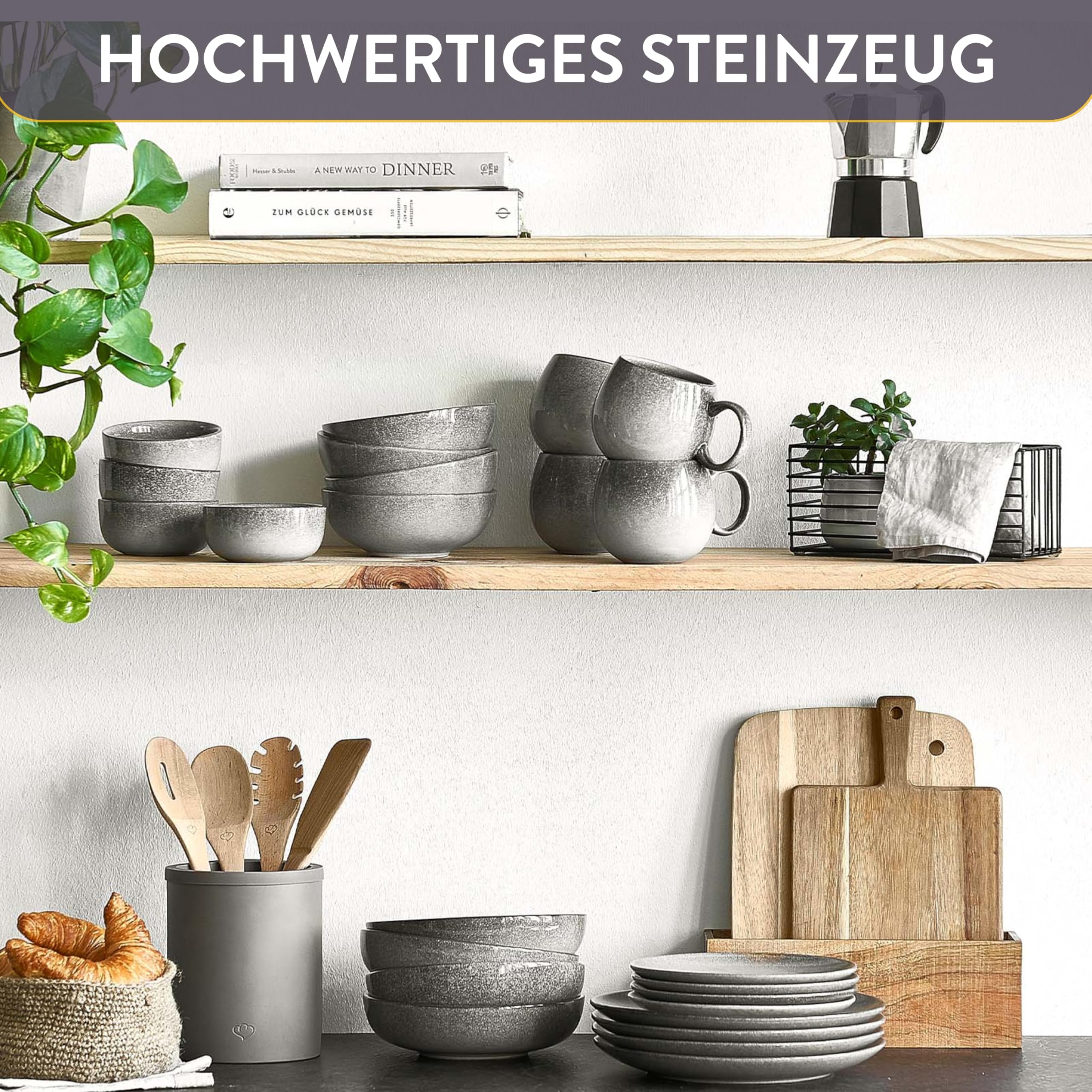 SPRINGLANE Misty Cliff – 24-tlg. Steingut Geschirrset für 4 Personen, Modernes Tafelservice mit Teller- und Schüsselset