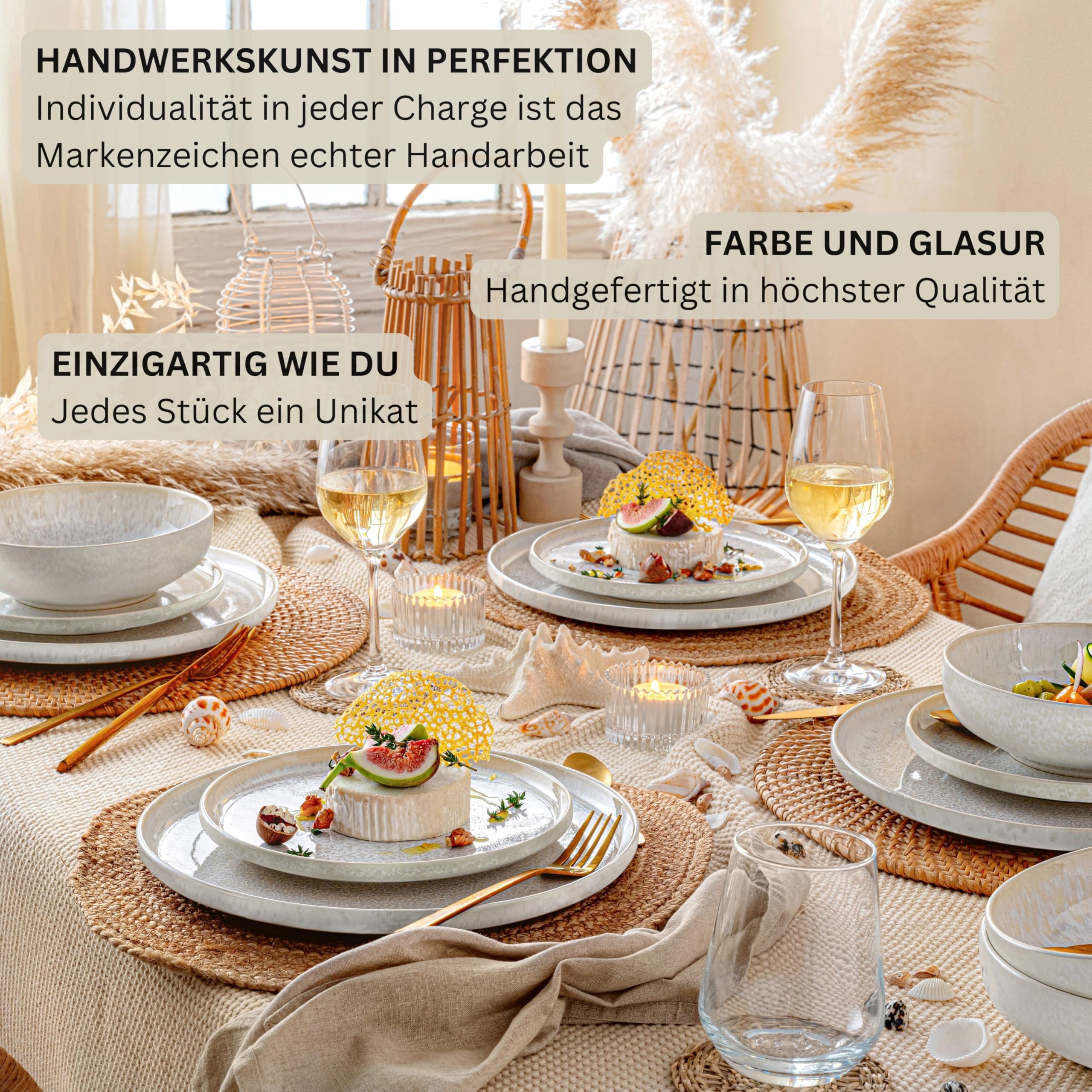 SÄNGER Korfu – 12-tlg. Steingut Set für 4 Personen, Handmade, Speise- Dessert- & Tiefe Teller, Creme mit Sandstruktur, TEST SEHR GUT – Premium Collection
