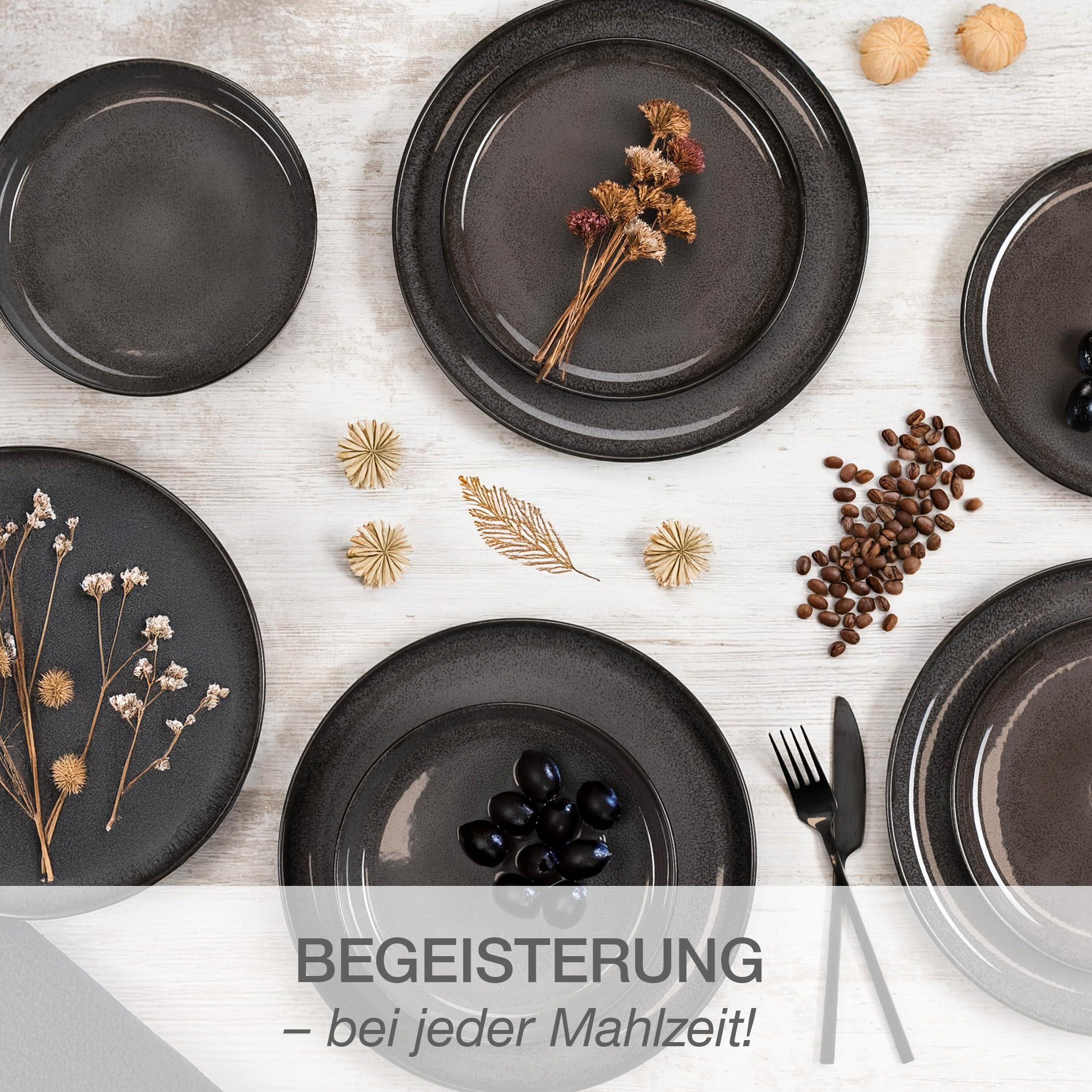 Moritz & Moritz VIDA – 18-tlg. Porzellan Geschirrset für 6 Personen, Modern, Kratz- Mikrowellen- & Spülmaschinenfest, Anthrazit