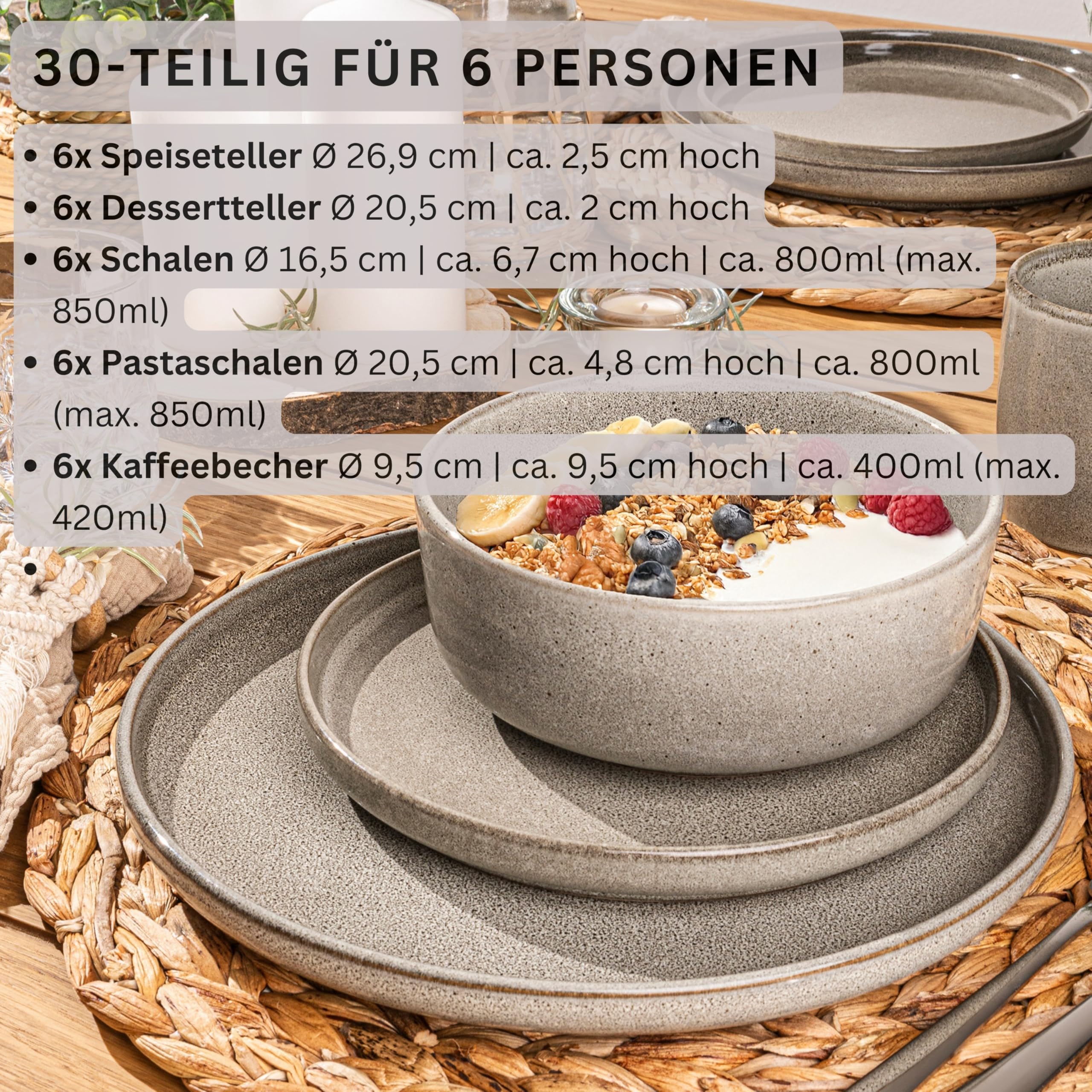 SÄNGER Kairo Clay – 30-tlg. Kombiservice für 6 Personen, Teller, Becher & Pastaschalen, Steingut, Spülmaschinen- & Mikrowellenfest – Value Collection