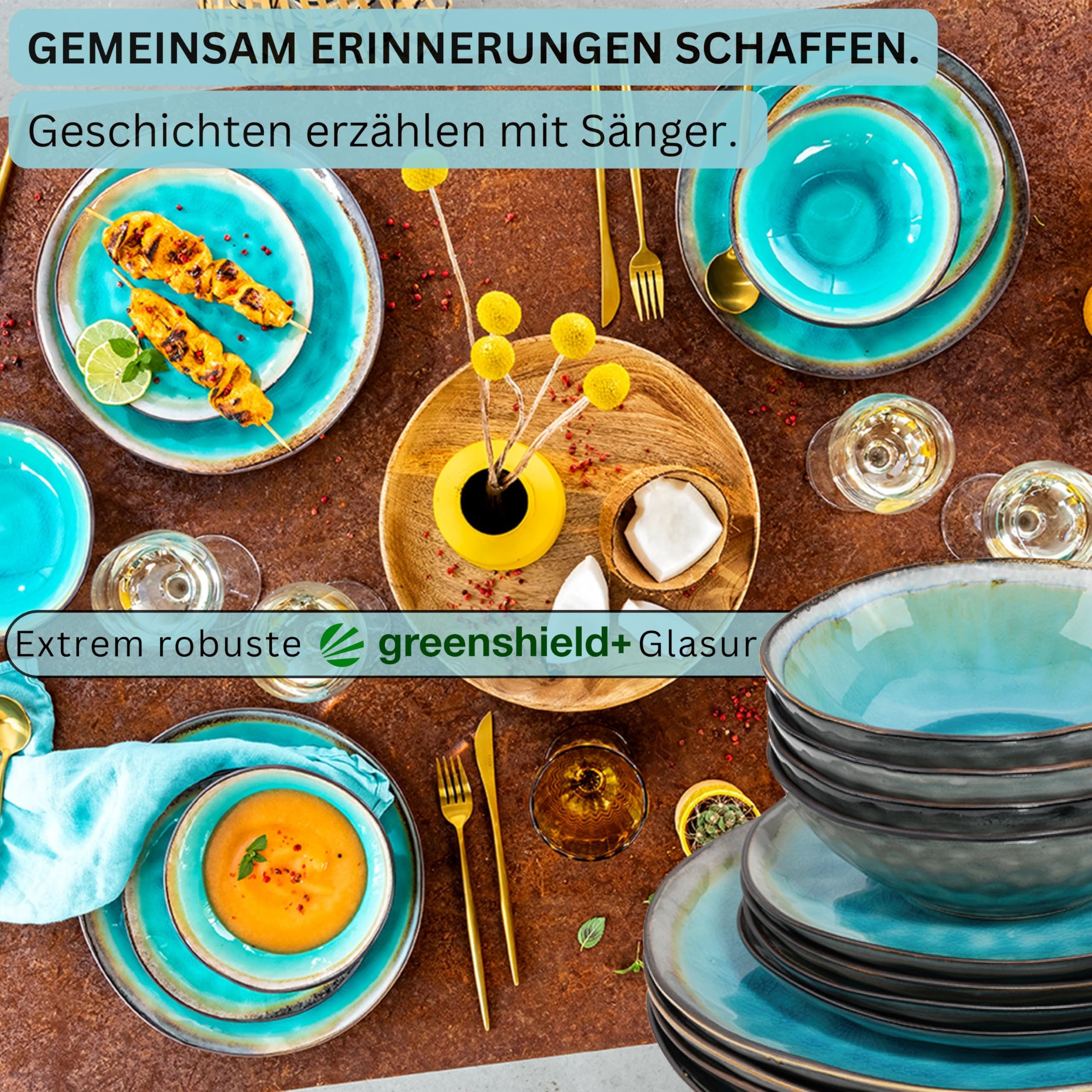 SÄNGER Capri – 12-tlg. Steingut Geschirrset für 4 Personen, Speise- Dessert- & Tiefe Teller, Handmade Türkis-Blau mit Grauem Rand – Premium Collection