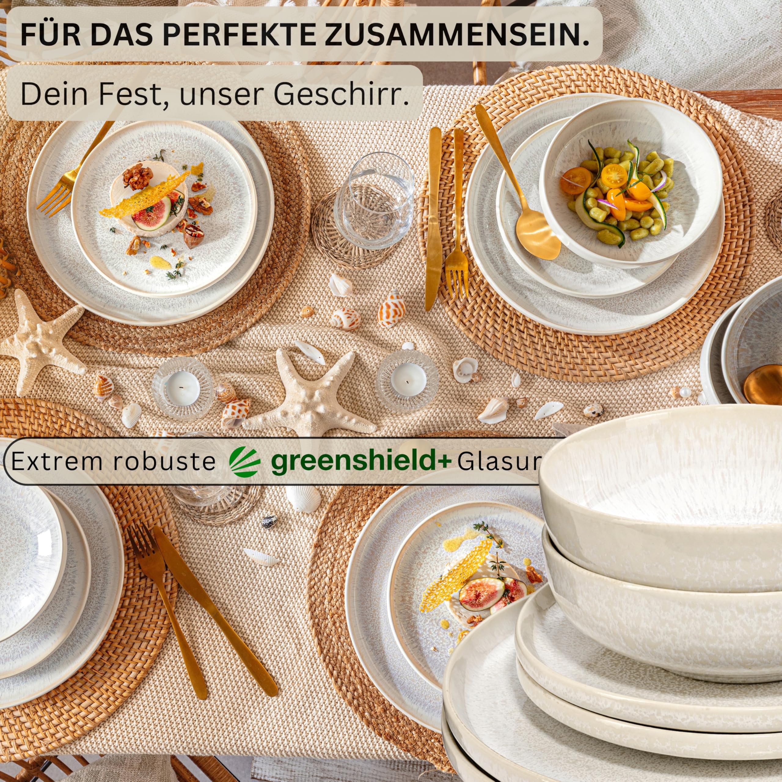 SÄNGER Korfu – 12-tlg. Steingut Set für 4 Personen, Handmade, Speise- Dessert- & Tiefe Teller, Creme mit Sandstruktur, TEST SEHR GUT – Premium Collection